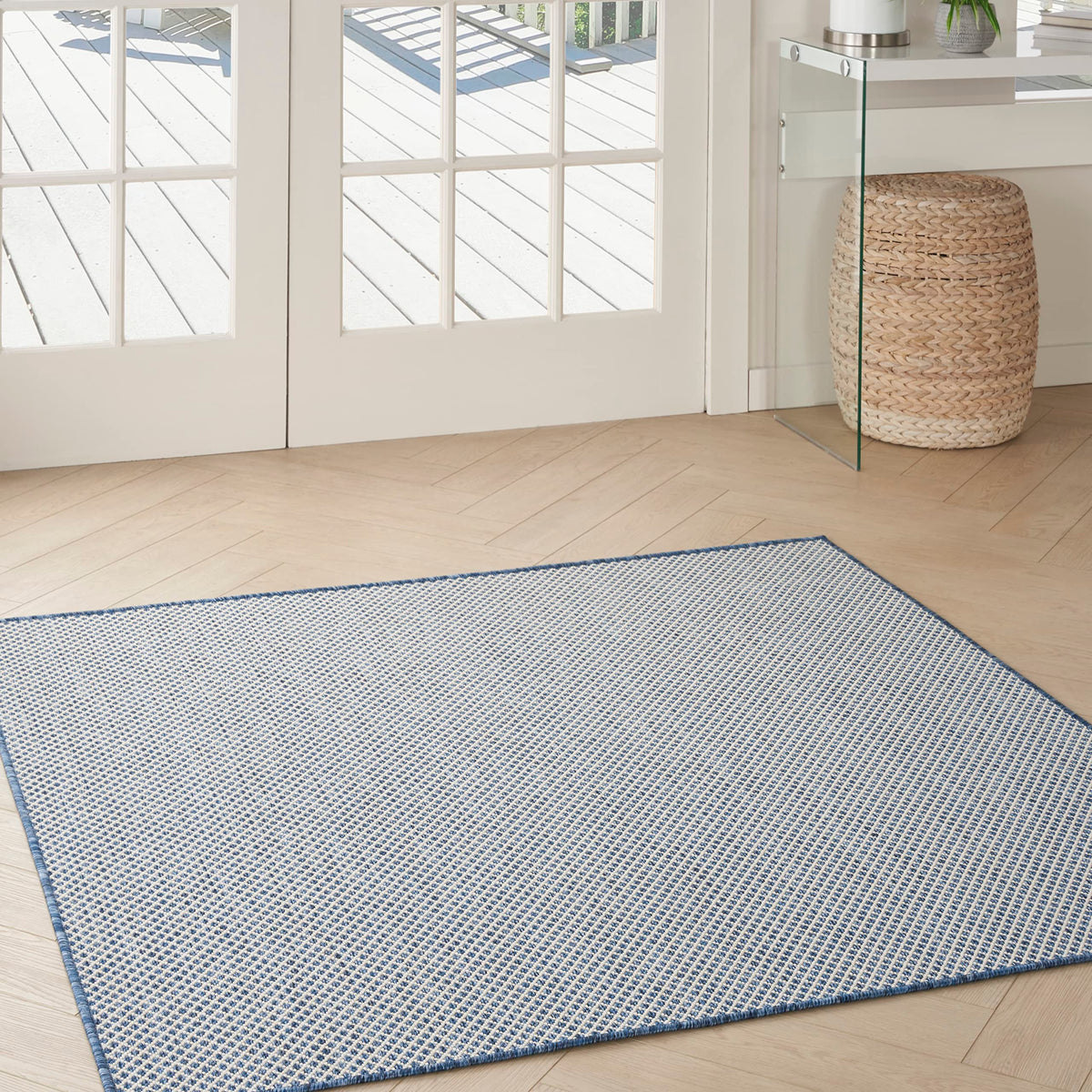 Nourison Courtyard Indoor/Outdoor Ivory Blue 4' X Square Area Rug, Easy Cleaning, Non Shedding, Bed Room, Living Room, Dining Ro