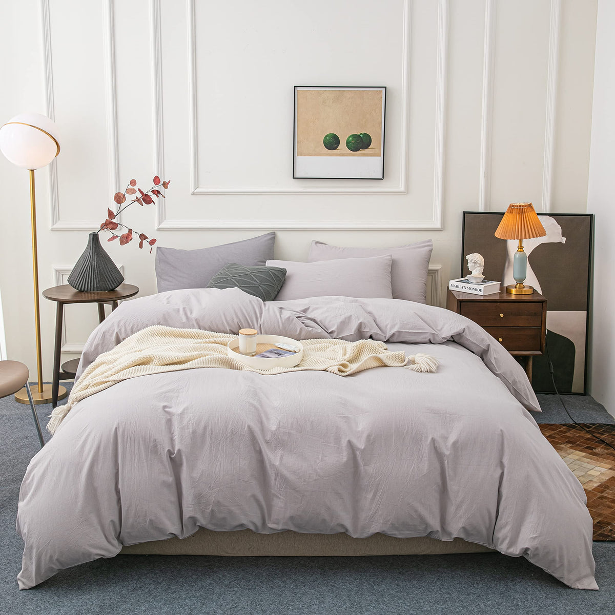 Janlive Washed Cotton Duvet Cover Queen Ultra Soft 100% Cotton Solid Color Misty Grey Duvet Cover Set With Zipper Closure -3 Pie