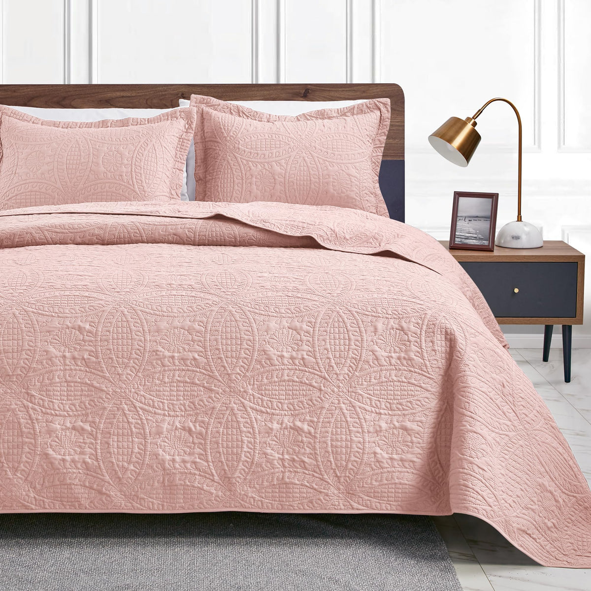 Love'S Cabin King Size Quilt Set Pink Bedspreads - Soft Bed Summer Quilt Lightweight Microfiber Bedspread- Modern Style Coin Pat
