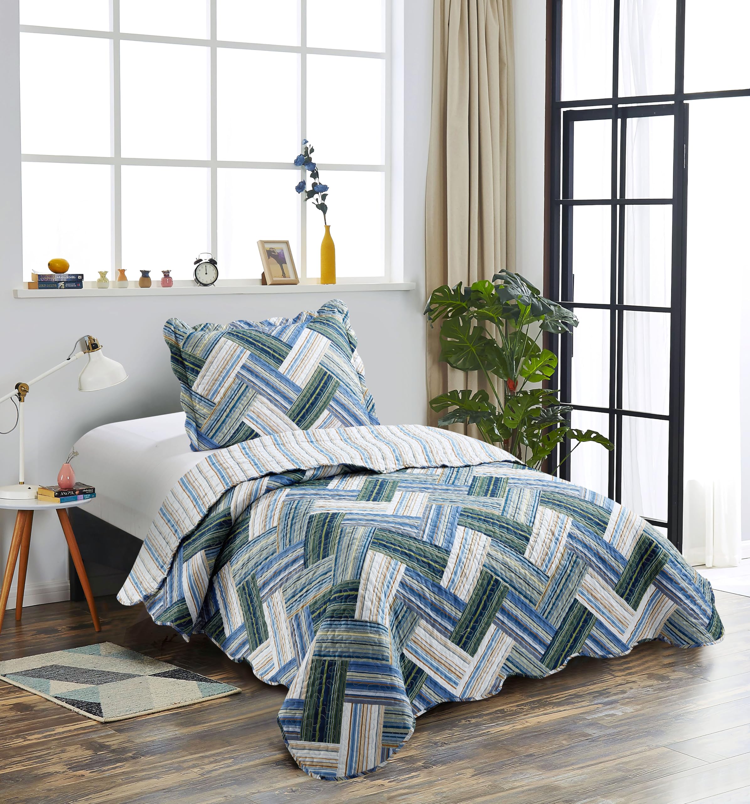 Brilliant Sunshine Teal Herringbone Patchwork, 2-Piece Quilt Set With 1 Sham, Reversible Bedspread, Soft Lightweight Coverlet, All-Season, Twin, Teal