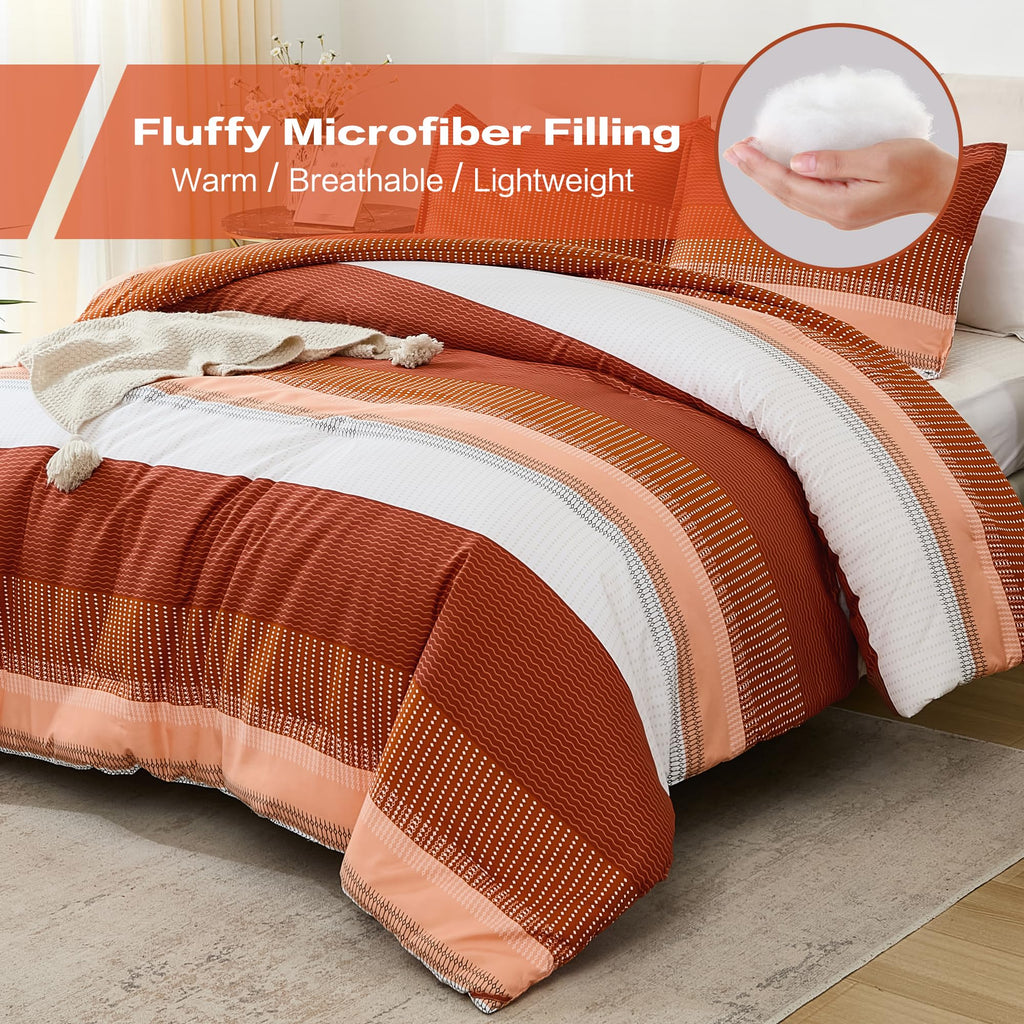 Litanika Burnt Orange King Bed Comforter Set, 3 Pieces Boho Terracotta Stripe Colorblock Bedding Comforter Set, Rust Fluffy Bed