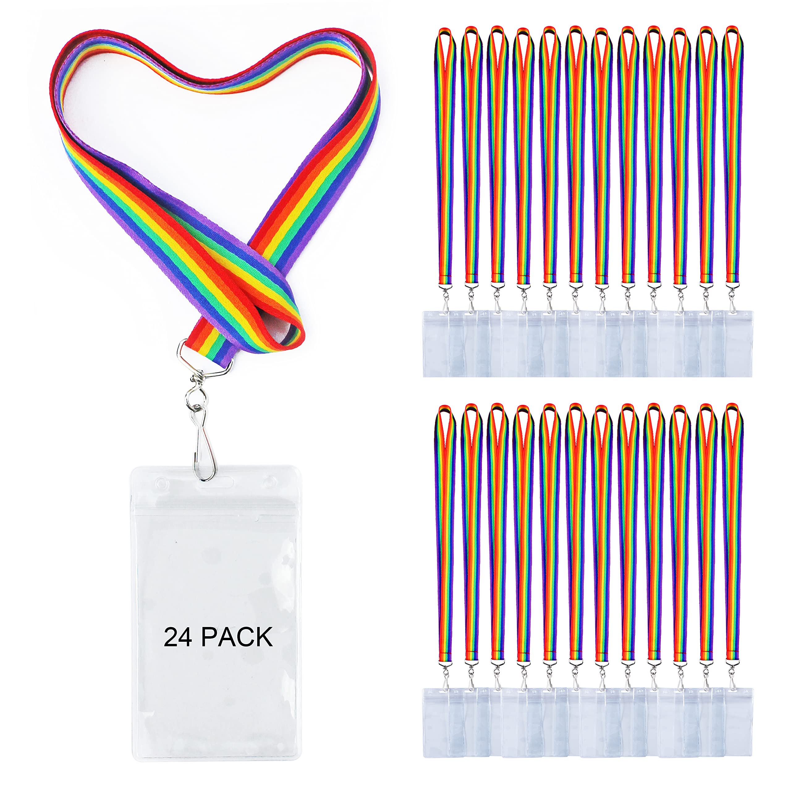 24 Pack Rainbow Lanyard With Id Holder Colorful Durable Neck Lanyards With Thicken Card Case For Teachers, Office, Conferences,