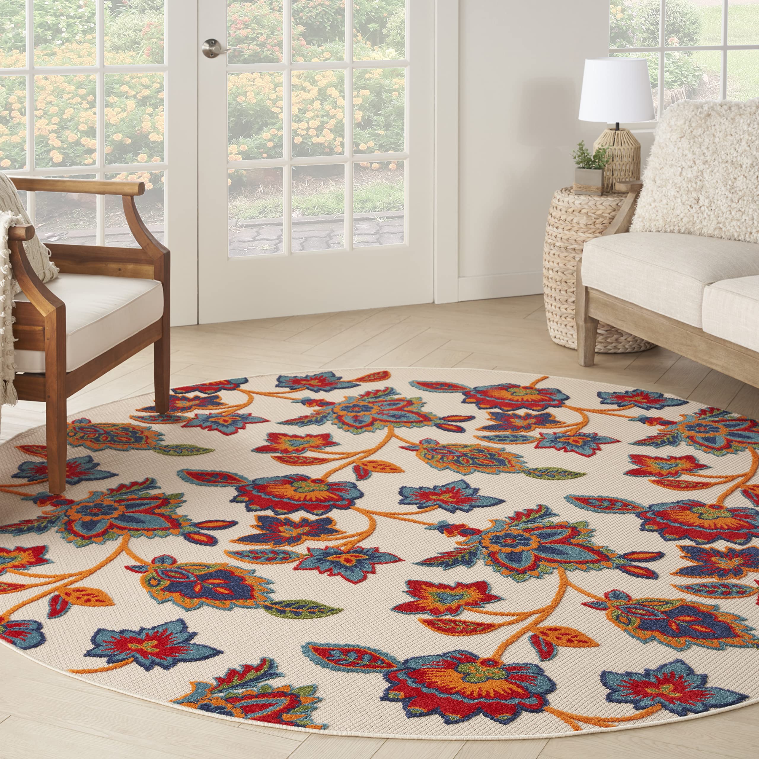 Nourison Aloha Indoor-Outdoor Modern Multicolor 7’10” X Round Area Rug, Easy Cleaning, Non Shedding, Bed Room, Living Room, Dining Room, Backyard, Deck, Patio (8 Round)