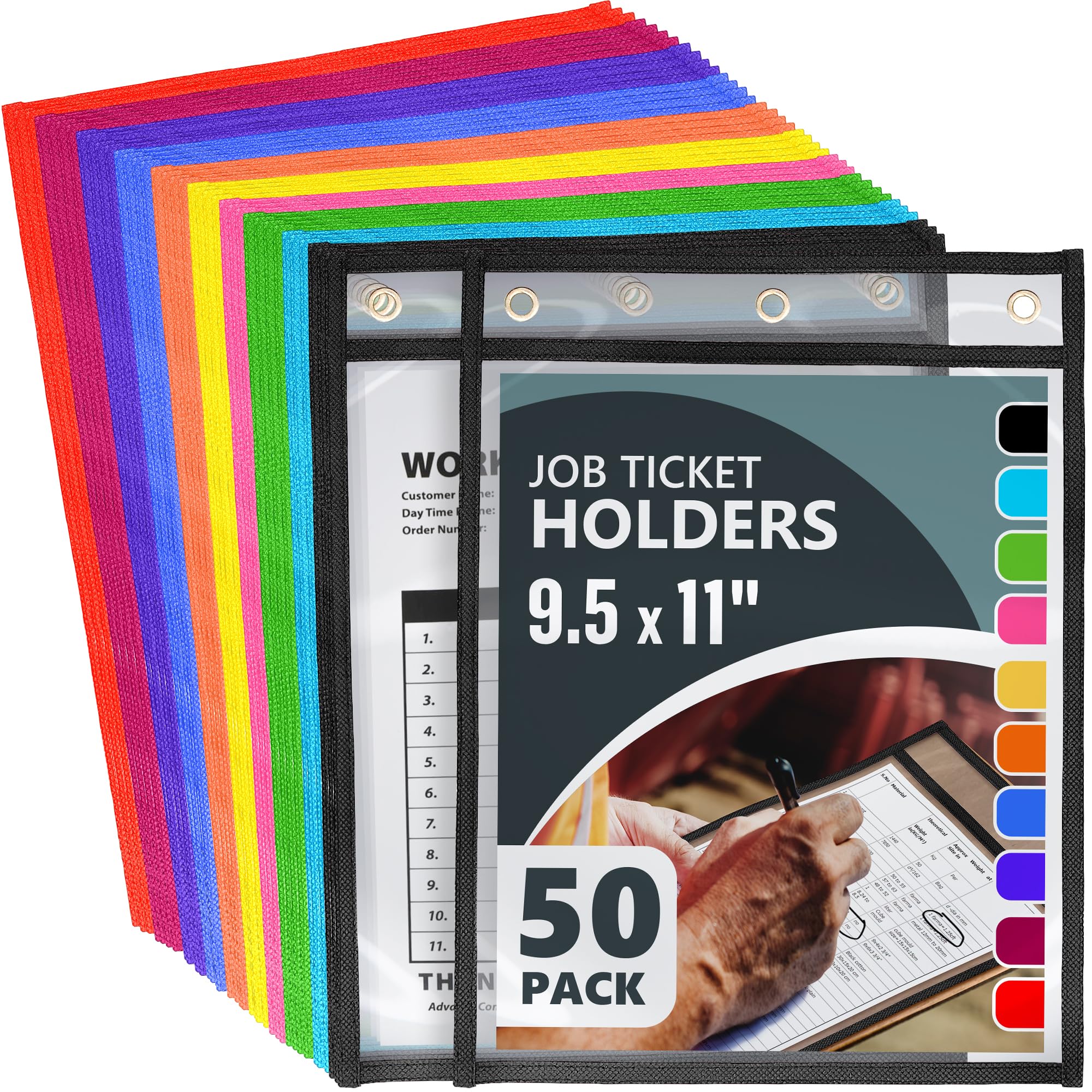 50 Pack Job Ticket Holders 9X12 Inch - Colored Work Order Plastic Sleeves Shop Ticket Holders Dry Erase Pocket Sleeves Dry Erase