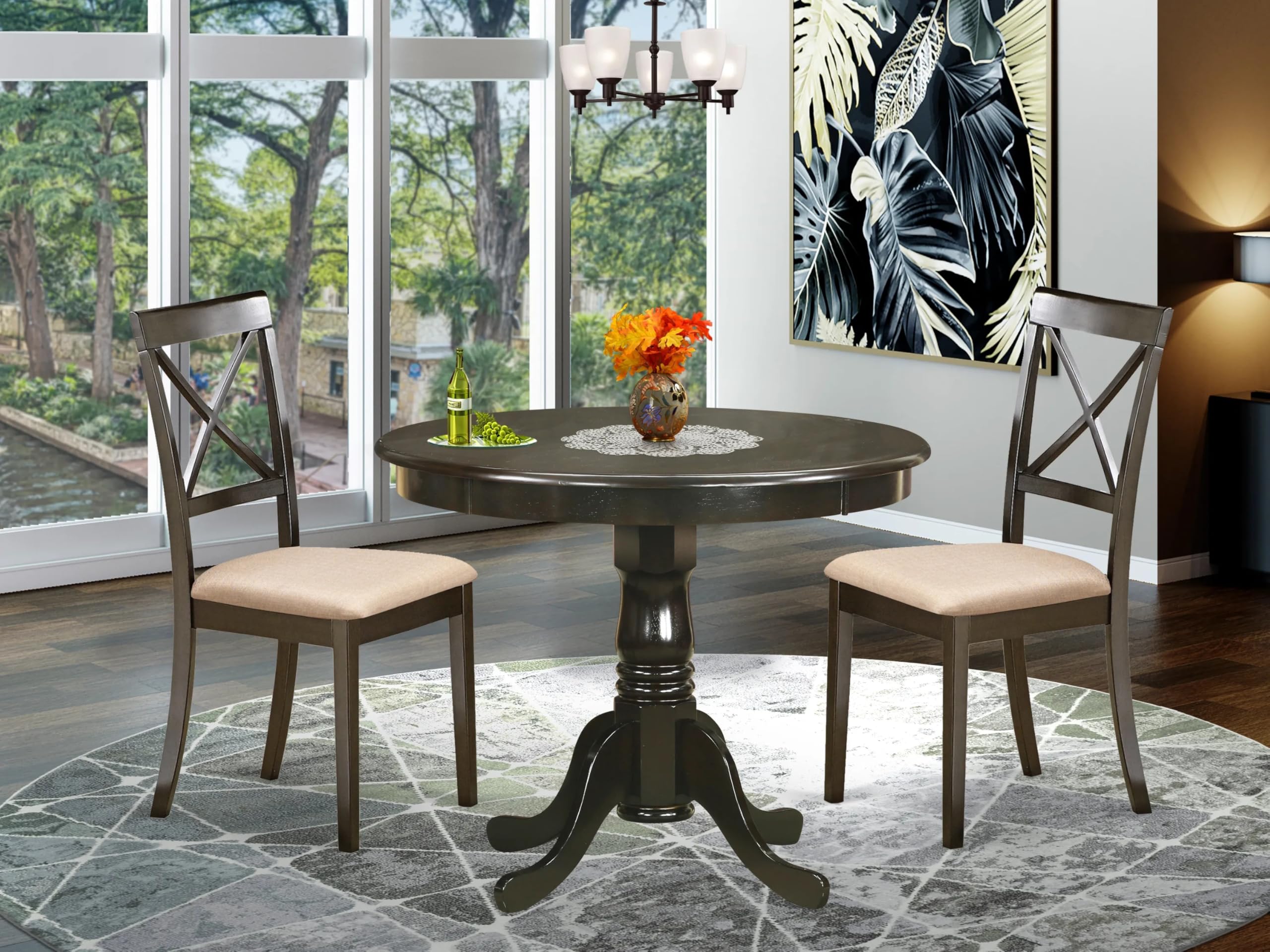 East West Furniture ANBO3-CAP-C 3 Piece Kitchen Table Set for Small Spaces Contains a Round Dining Table with Pedestal and 2 Linen Fabric Dining Room Chairs, 36x36 Inch, Cappuccino