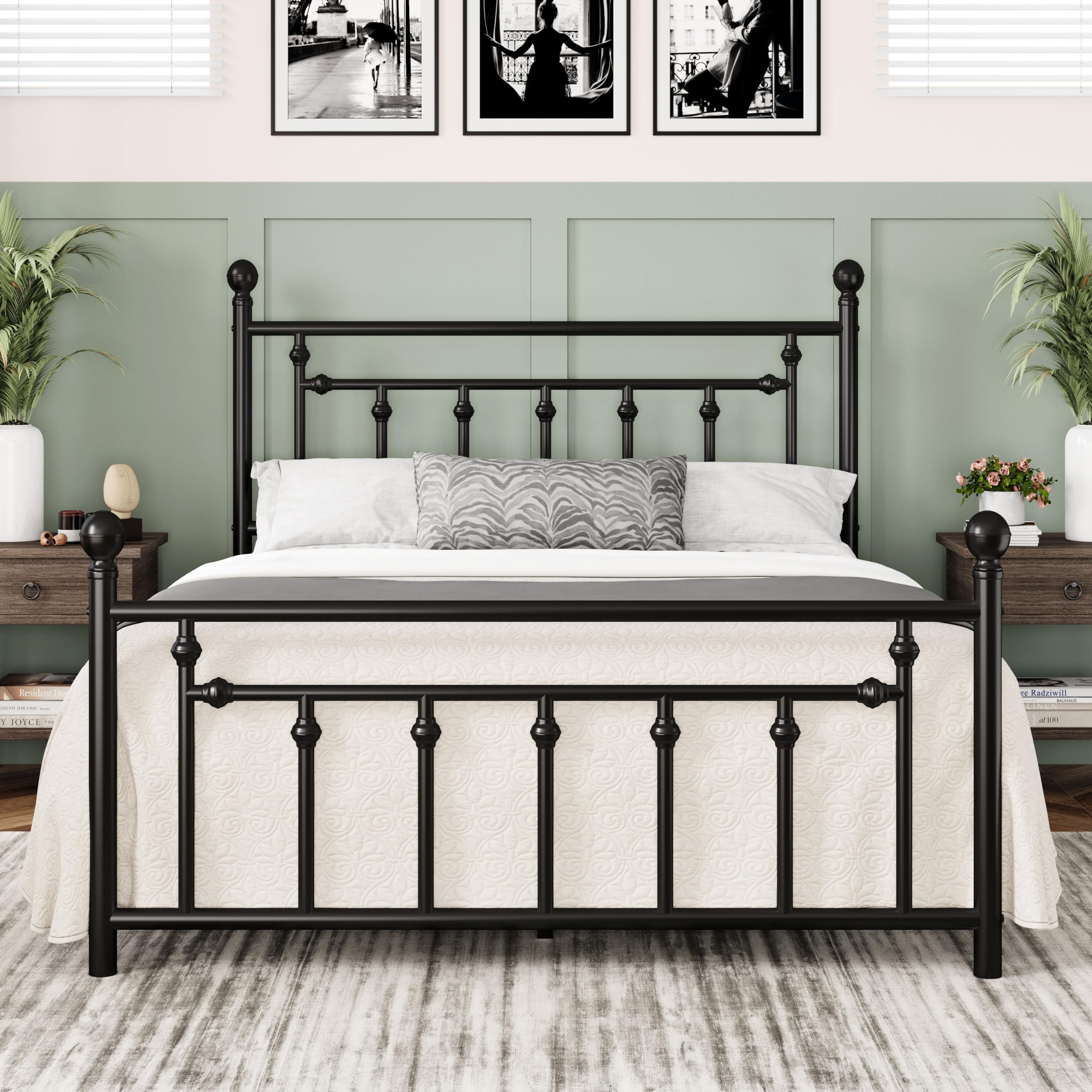 Allewie 14 Inch Full Size Metal Platform Bed Frame With Victorian Vintage Headboard And Footboard/Mattress Foundation/Under-Bed Storage/No Box Spring Needed/Easy Assembly/Noise-Free/Black