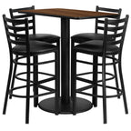 Flash Furniture Jamie 24'' x 42'' Rectangular Walnut Laminate Table Set with 4 Ladder Back Metal Barstools - Black Vinyl Seat