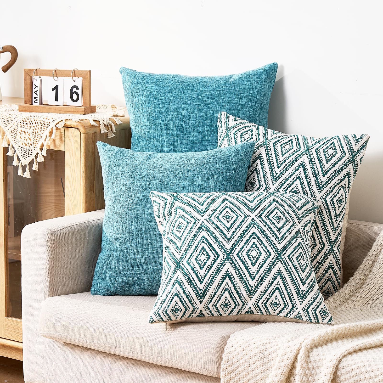 Hpuk Decorative Throw Pillow Covers Set Of 4 Geometric Design Linen Cushion Cover For Couch Sofa Living Room, 18'X18' Inches, Aqua Blue