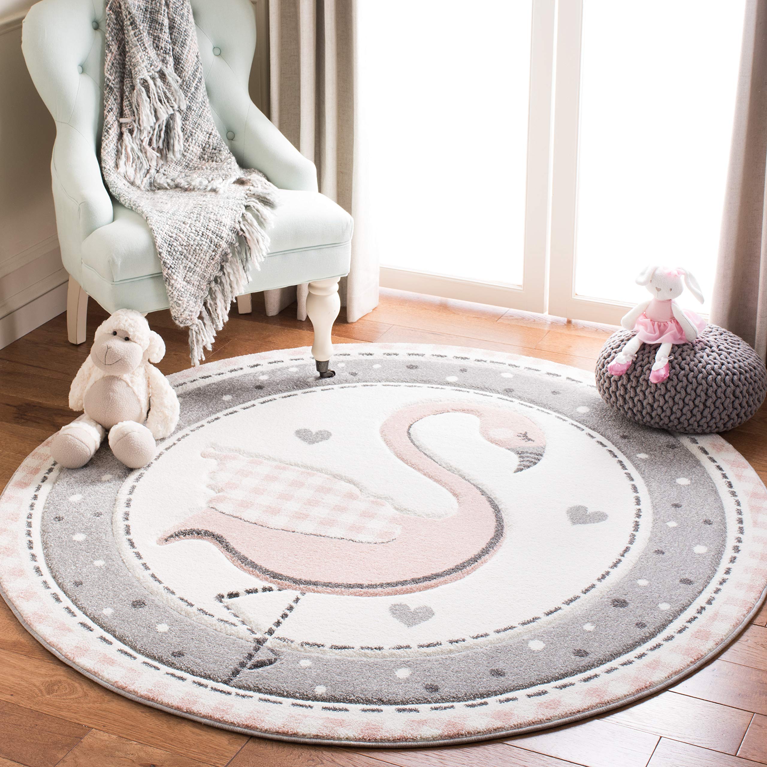 SAFAVIEH Carousel Kids Collection 67 Round Pink / Ivory CRK154P Flamingo Nursery Playroom Area Rug