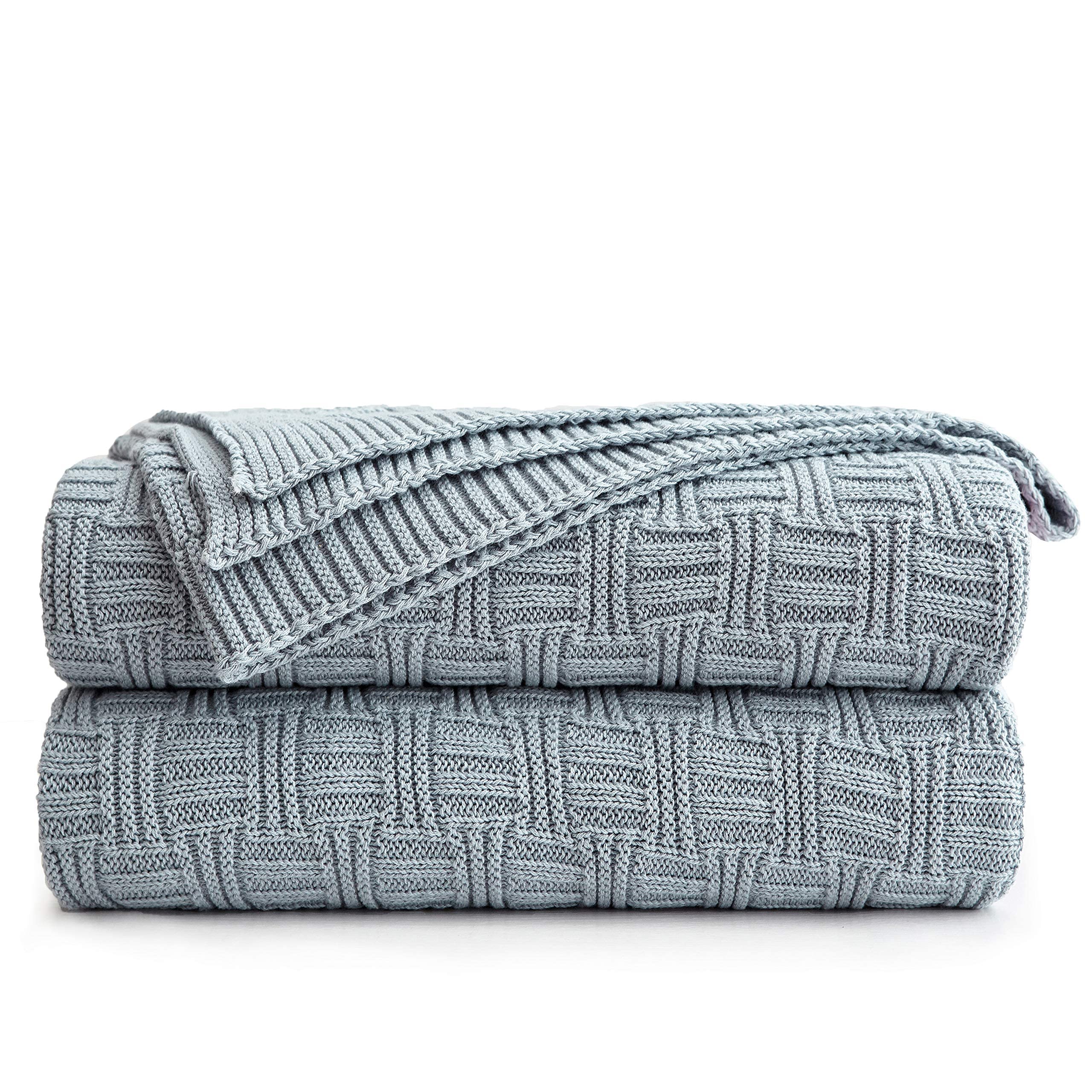 Large Grey Blue Cotton Knit Throw Blanket For Couch Sofa Bed - Home Decorative Soft Cozy Sweater Woven Fall Cable Knitted Blanke