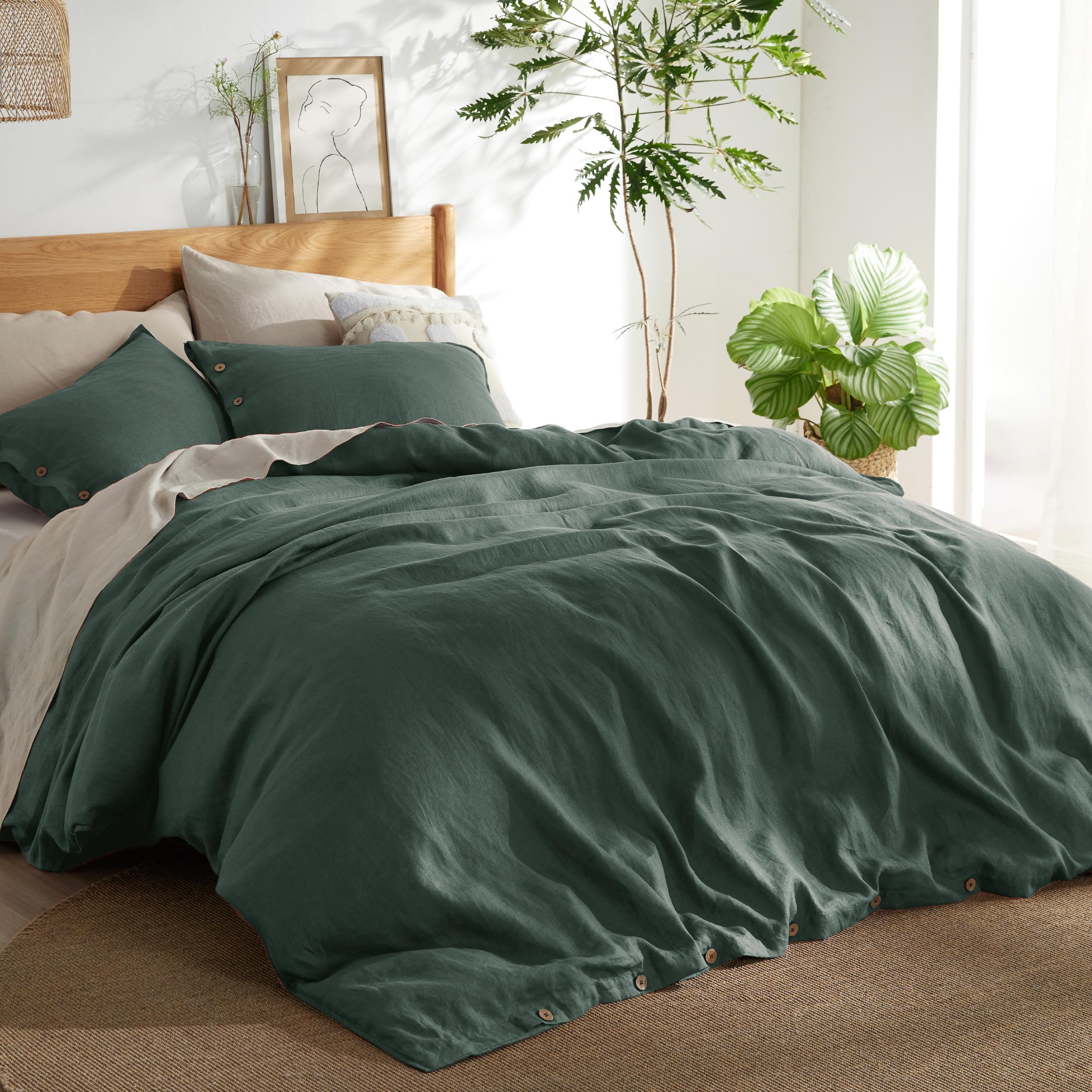Bedsure Linen Duvet Cover Queen - Linen Cotton Blend Bedding Set, Soft & Cozy, 3 Pieces, 1 Duvet Cover 90X90 Inches And 2 Pillowcases, Dark Forest Color Cooling Bedding, Comforter Sold Separately