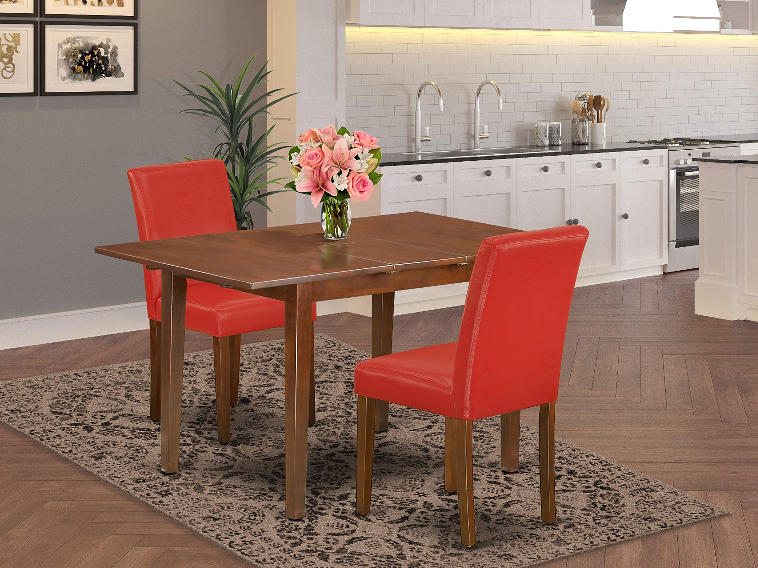 East West Furniture Psab3-Mah-72 3 Piece Kitchen Table Set Contains A Rectangle Dining Room Table With Butterfly Leaf And 2 Firebrick Red Faux Leather Parson Chairs, 32X60 Inch, Mahogany