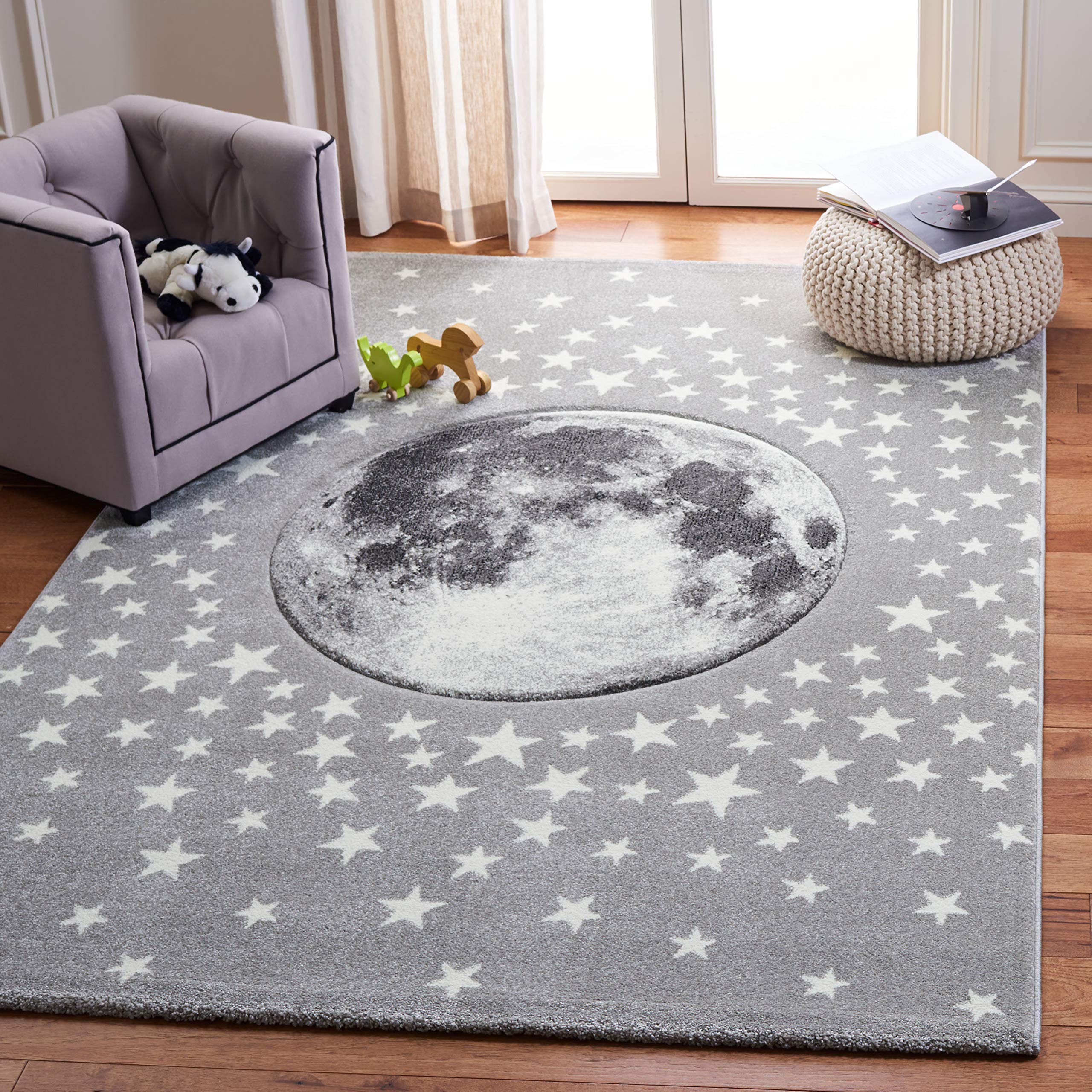 SAFAVIEH Carousel Kids Collection 8 Square Light Grey/White CRK135F Moon and Stars Non-Shedding Nursery Playroom Area Rug