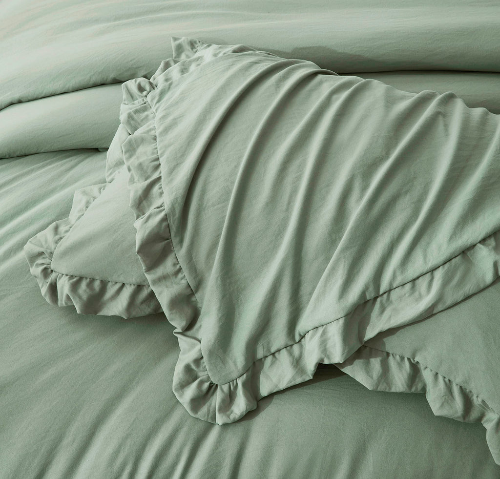 Chezmoi Collection Nora 3-Piece Ruffled Edge Trim Soft Washed Microfiber Comforter Set (King, Sage Green)