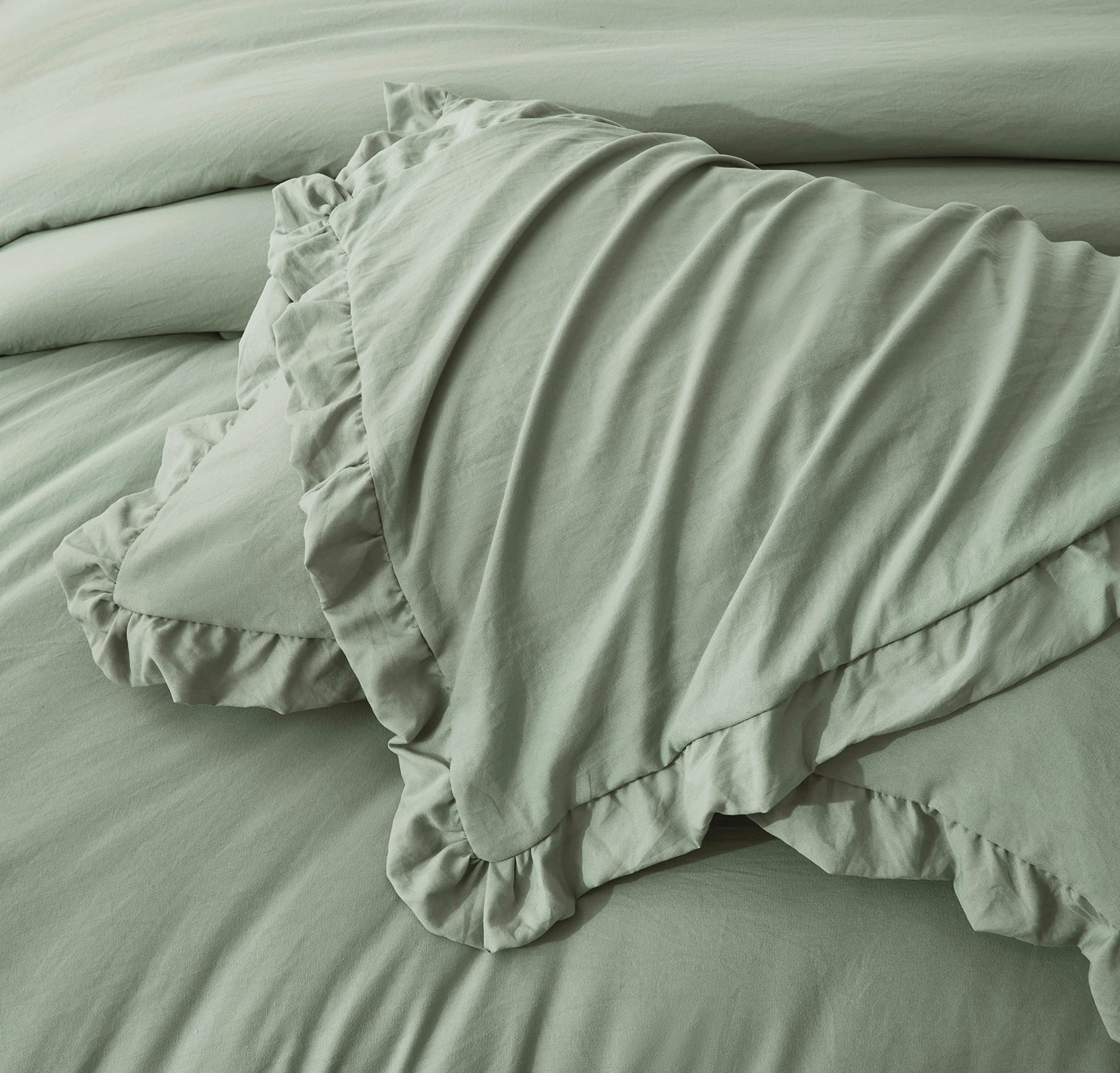 Chezmoi Collection Nora 3-Piece Ruffled Edge Trim Soft Washed Microfiber Comforter Set (King, Sage Green)