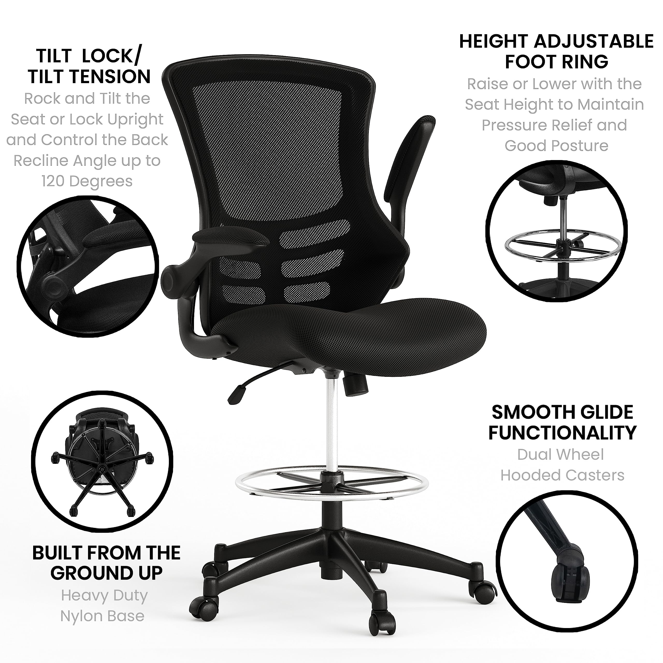 Flash Furniture Kelista Mid-Back Swivel Office Chair with Adjustable Seat Height, Ergonomic Mesh Desk Chair with Flip-Up Armrests, Black