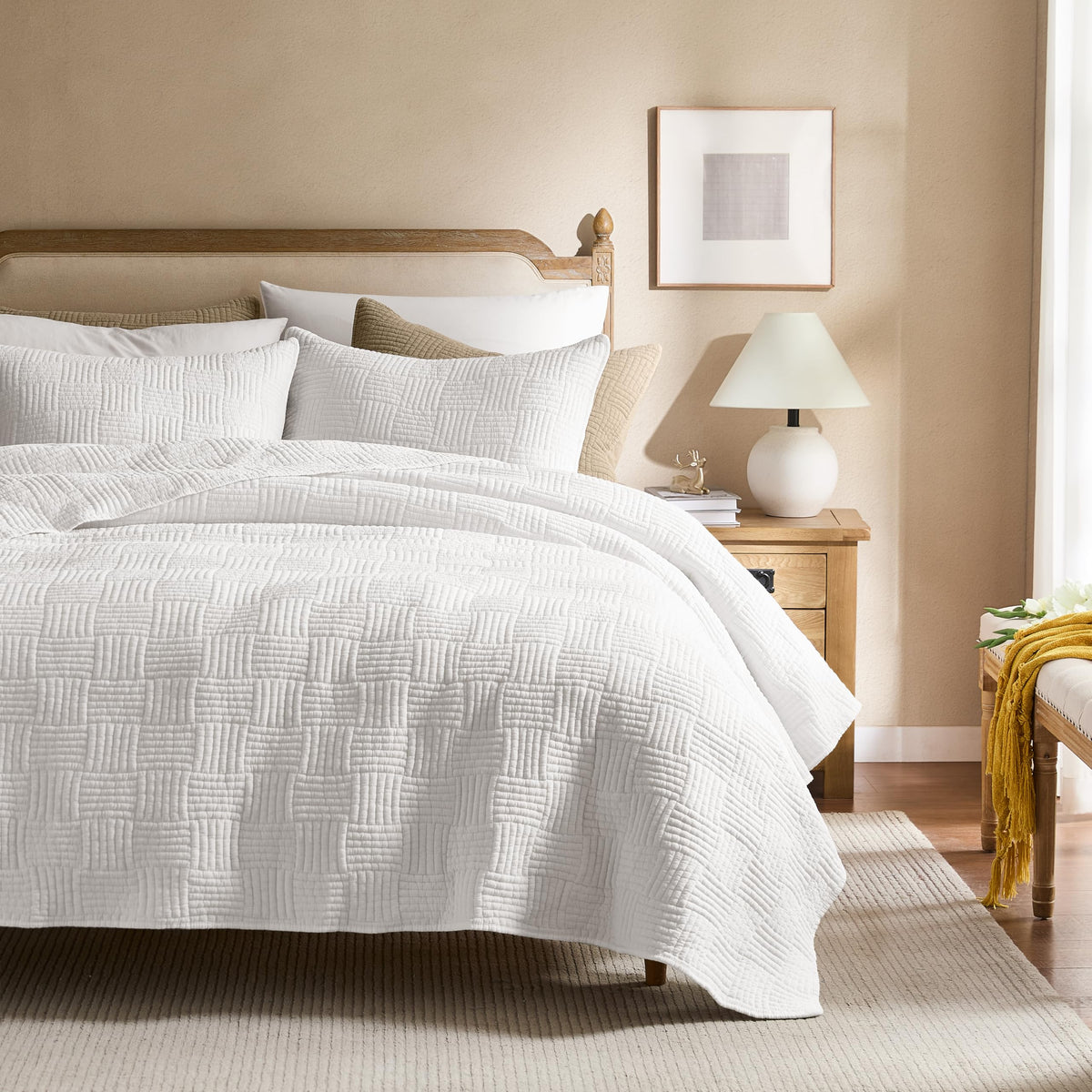 Wdcozy White King Size Quilt Set, Muslin Cotton Shell Down-Alt Poly Filling, Shabby Chic Rustic Farmhouse Country Bedspread, Tex