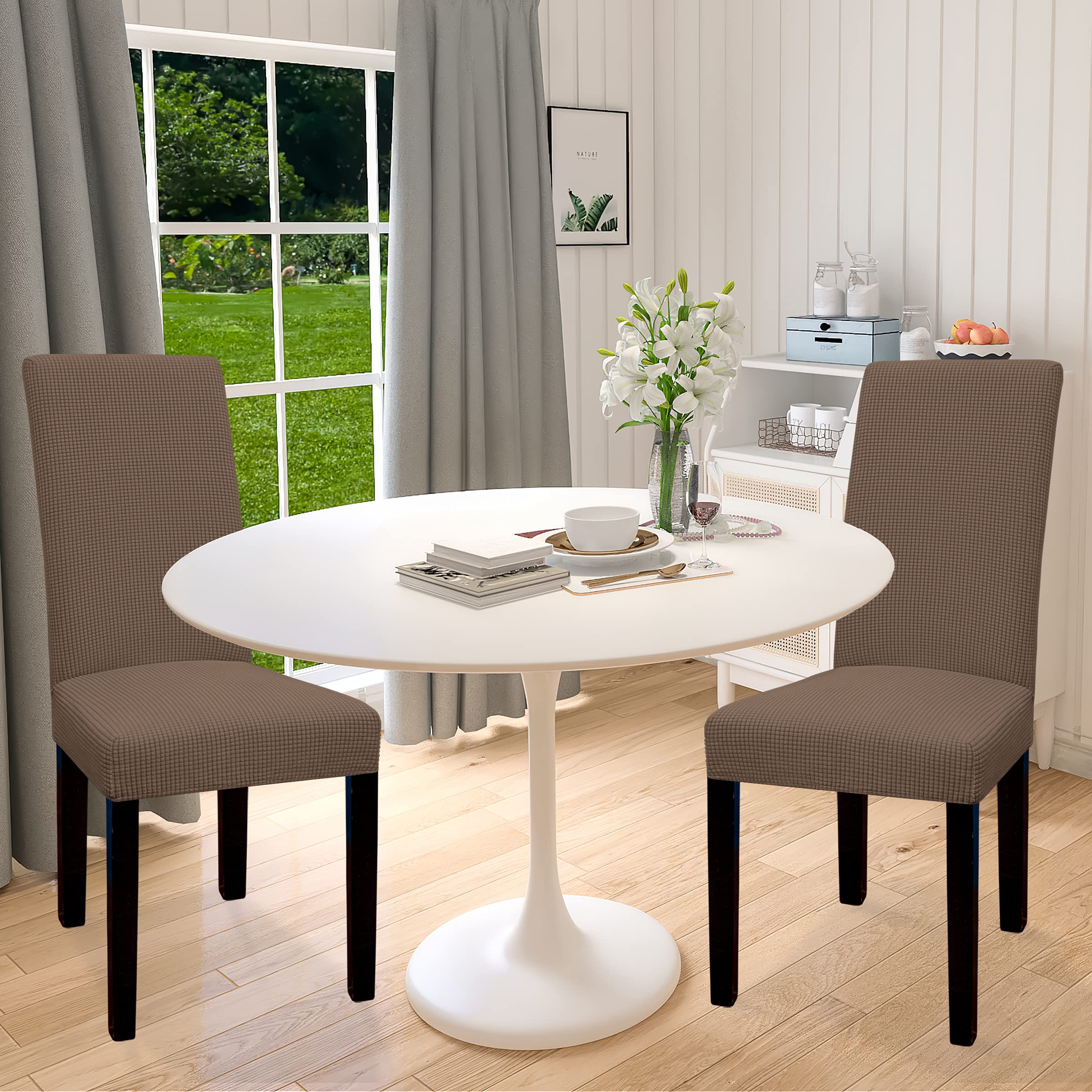 Easy-Going 100% Waterproof Dining Room Chair Cover Set Of 2, Stretch Jacquard Parson Chair Slipcover Removable Washable Chair Protector For Home, Restaurant, Banquet (Large, Brown)