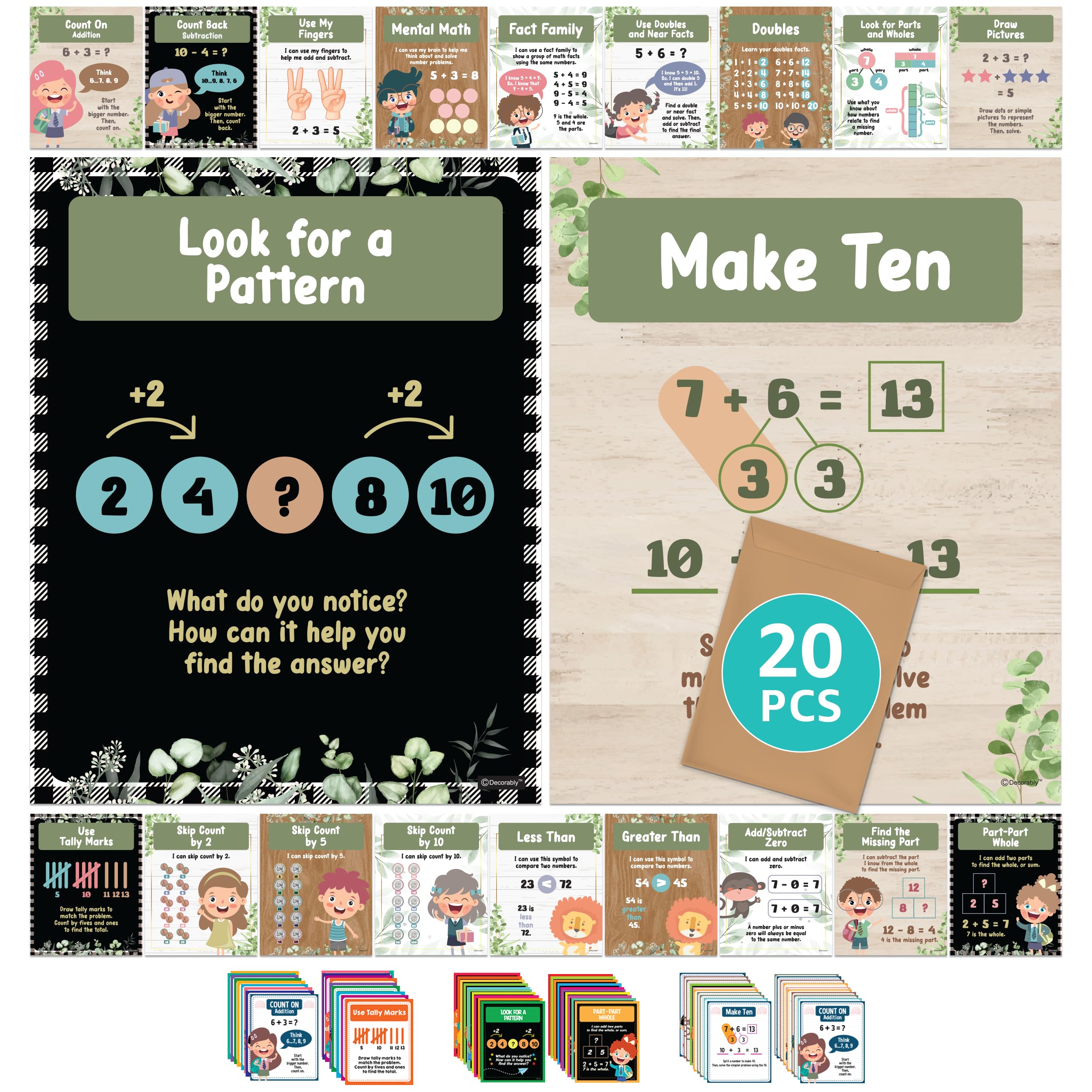 Decorably Kindergarten Math Posters For Classroom, 20 Math Posters For Elementary School, 11X14In Math Bulletin Board Sets, Elem