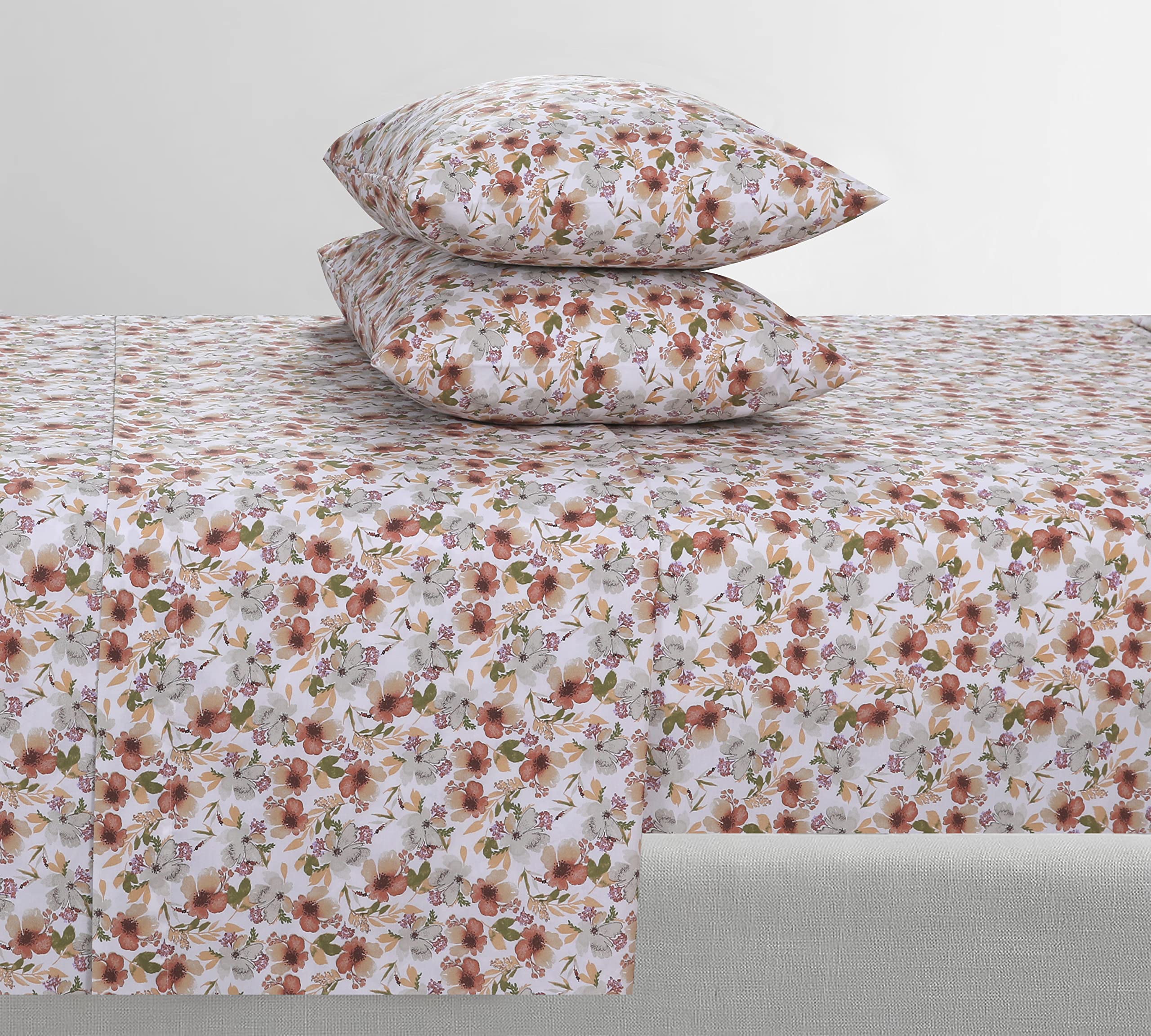 Feather & Stitch Softest 100% Cotton Sheets, 300 Thread Count Percale Weave Bedding, 16' Deep Pocket, Cooling Sheets, Breathable Bed Set, Hotel Premium Quality (King, Florence)