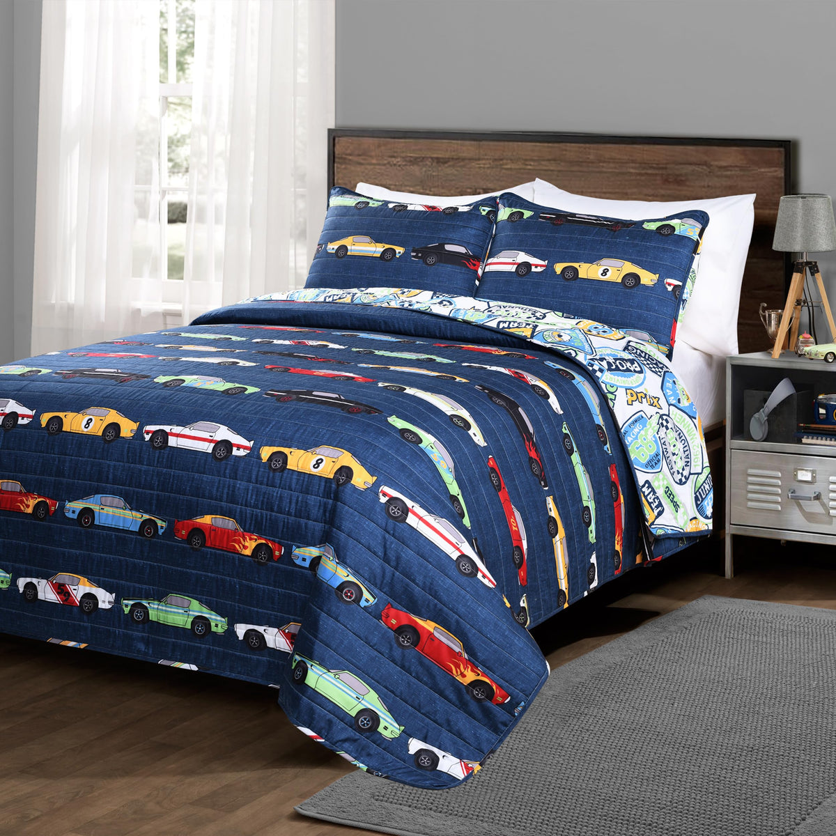 Lush Decor Race Car Kids' 2-Piece Quilt Bed Set, Reversible Bedding Set For Boys, Navy, Twin