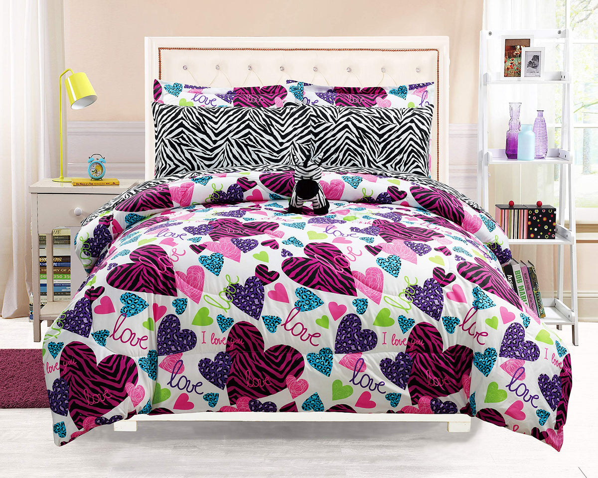Grand Linen - Girls Kids Bedding-Misty Zebra Tween Teen Dream Bed In A Bag. Twin Size Comforter Set, Sheet Set And Plush Zebra I