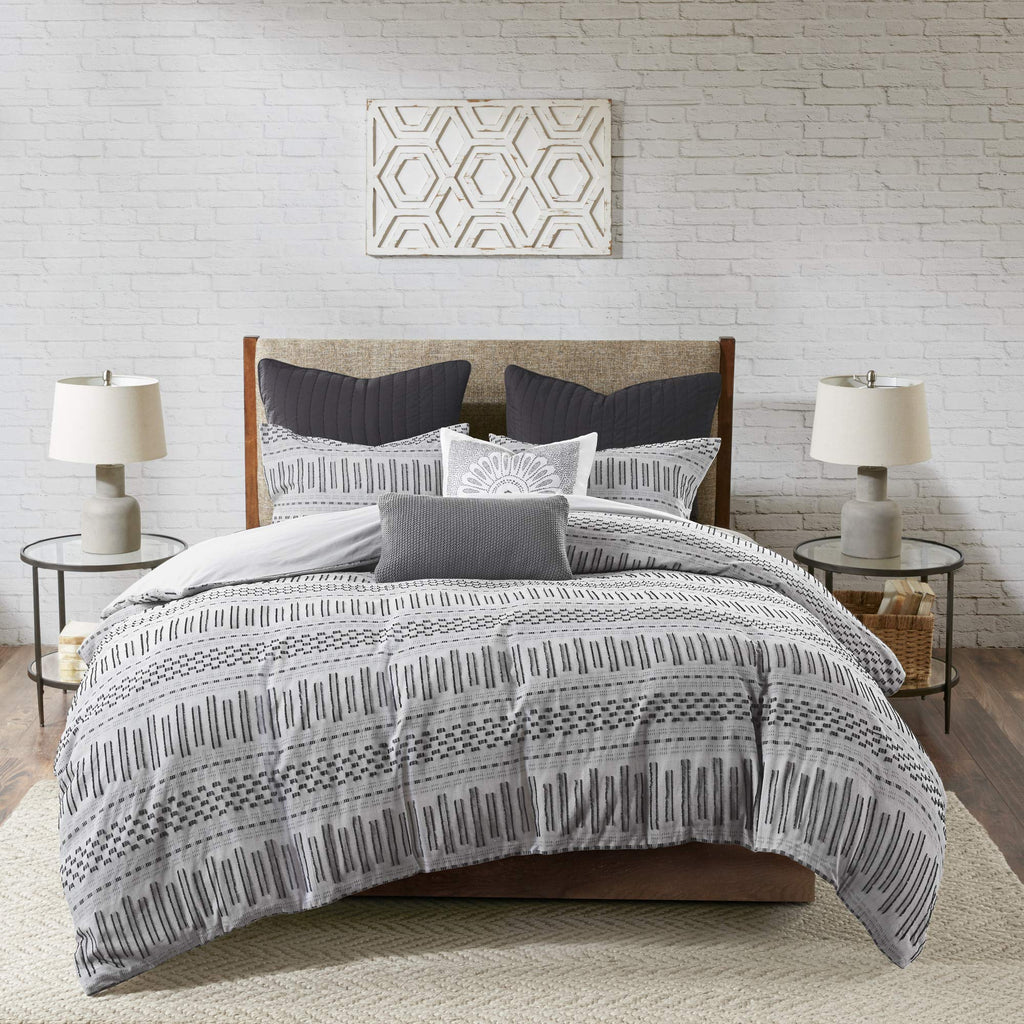 Ink+Ivy Rhea 100% Cotton Duvet Set Mid Century Modern Boho Design, All Season Comforter Cover Bedding Set, Matching Shams, Full/Queen, Geometric Clipped Jacquard Grey 3 Piece