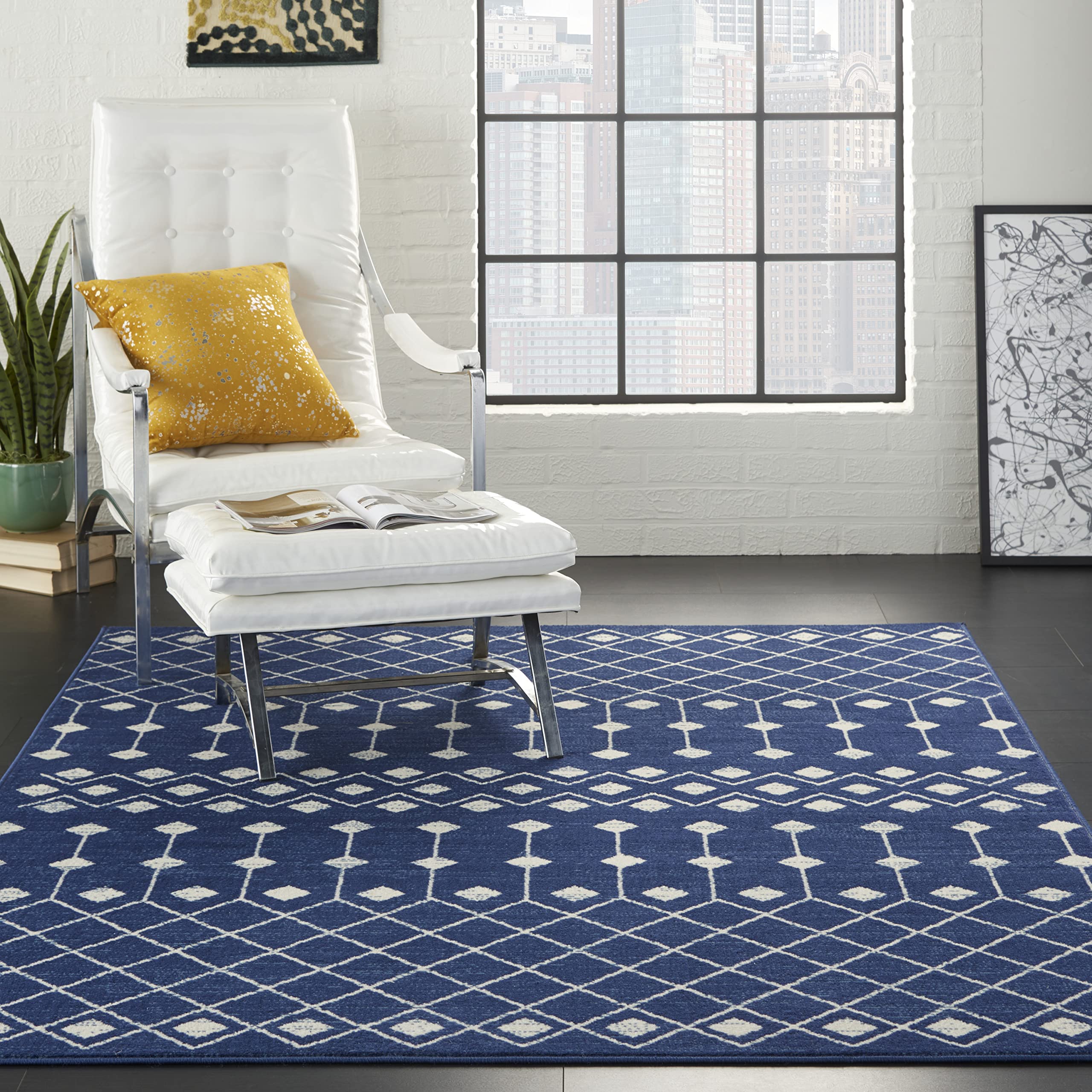 Nourison Grafix Moroccan Navy 7'10' X 9'10' Area Rug, Easy Cleaning, Non Shedding, Bed Room, Living Room, Dining Room, Kitchen