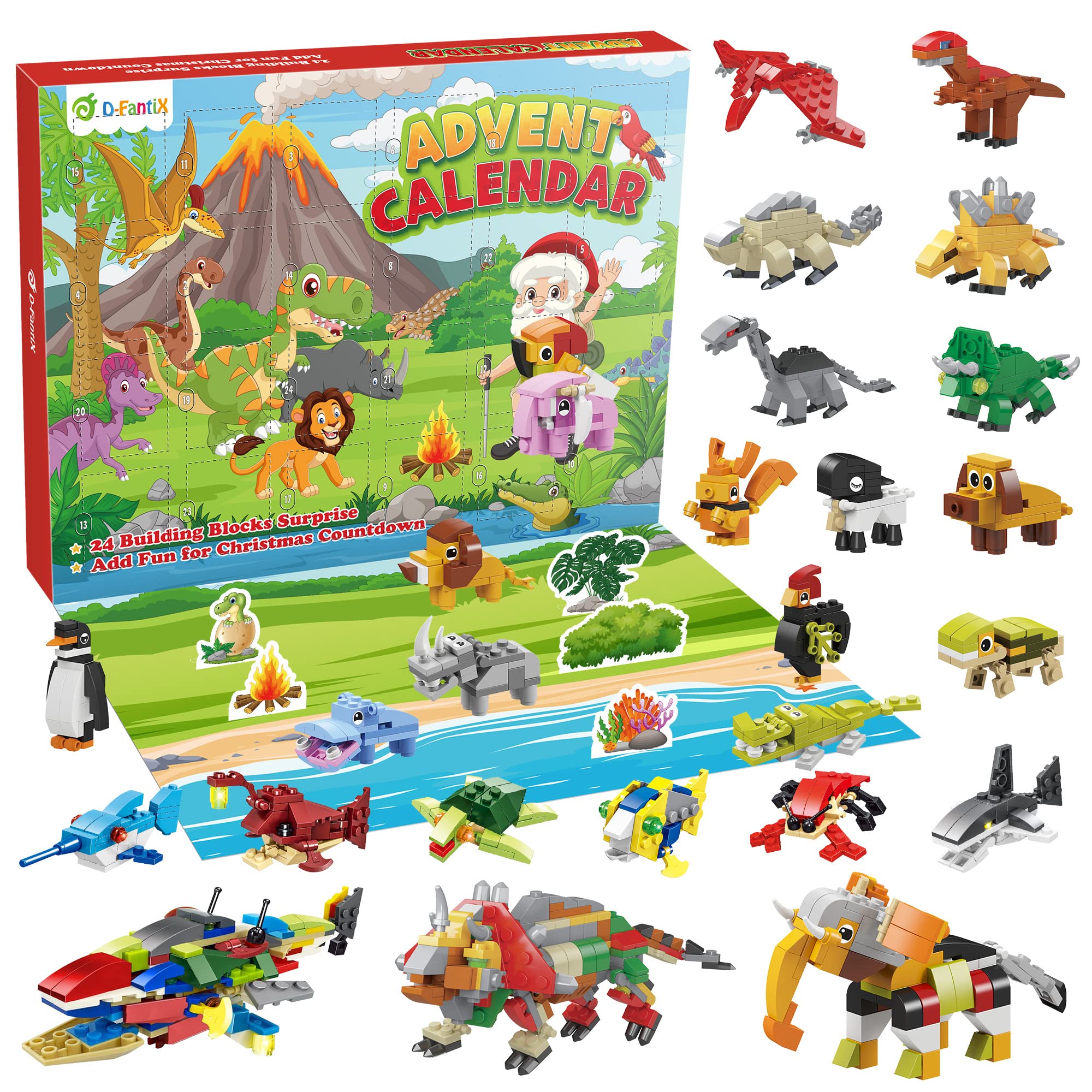 D-FantiX Christmas Advent Calendar 2024 for Kids, 24 In 3 Mini Dinosaur Animals Building Blocks Toy Sets, 24 Days Xmas Countdown