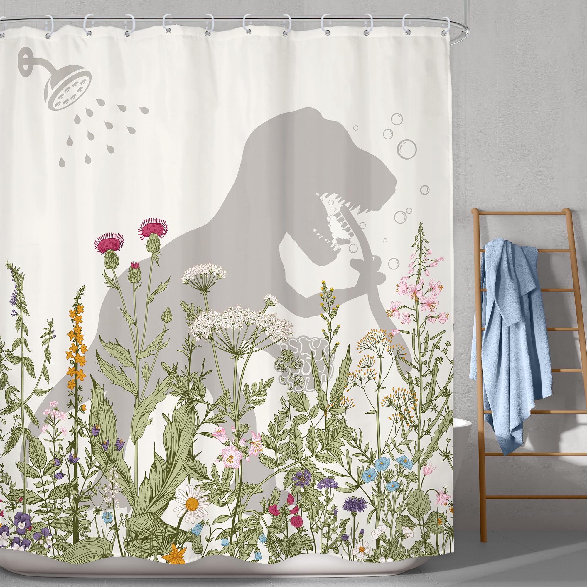 Lghtyro Dinosaur Wildflower Kids Shower Curtain Bathroom Set 60Wx71H Inches Funny Dino Silhouette Floral Rustic Plant Leaves Bot