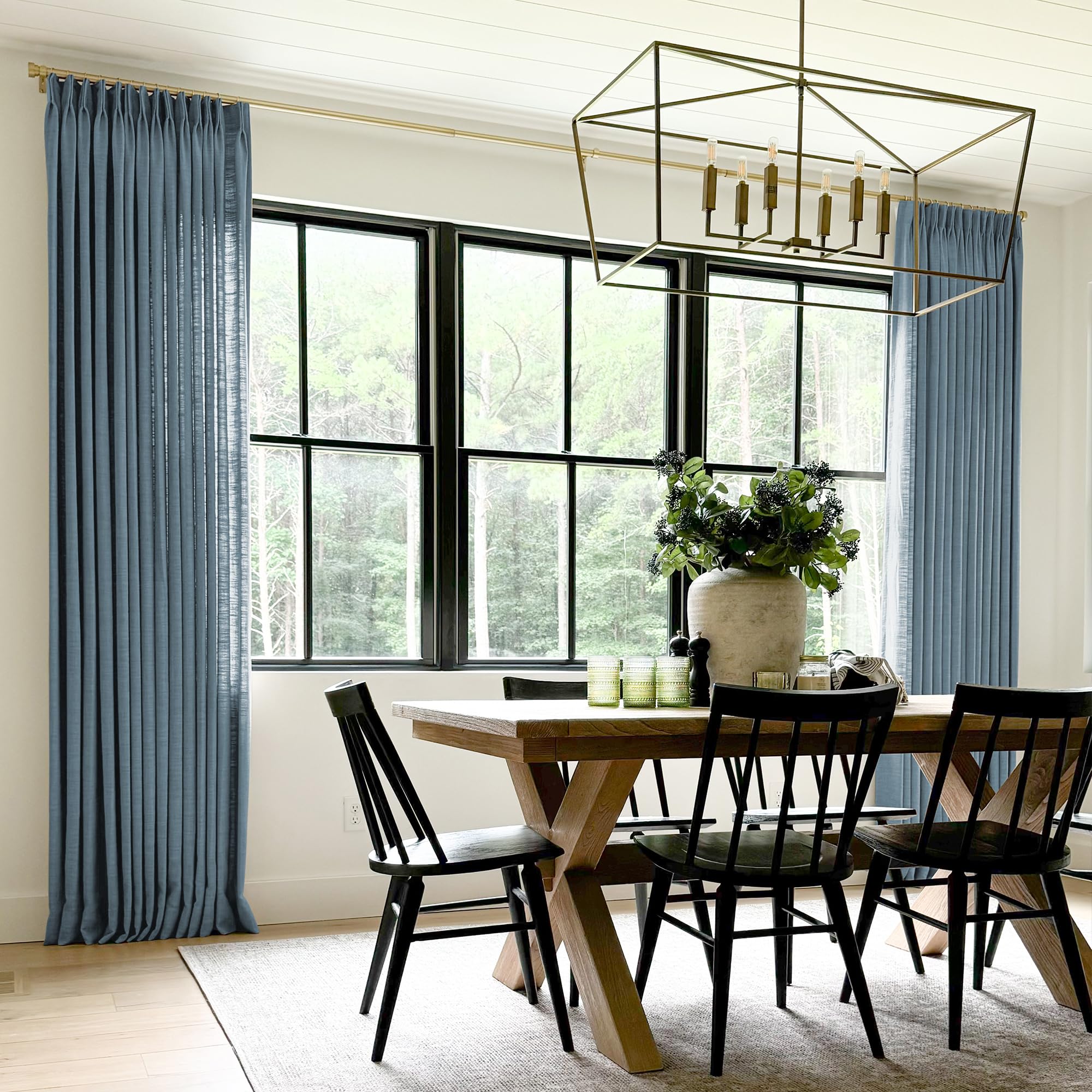 Twopages Double Layer Lined Curtain Aegean Blue Linen Blend Light Filtering Pinch Pleat Curtain For Kitchen, Room Darkening Wind