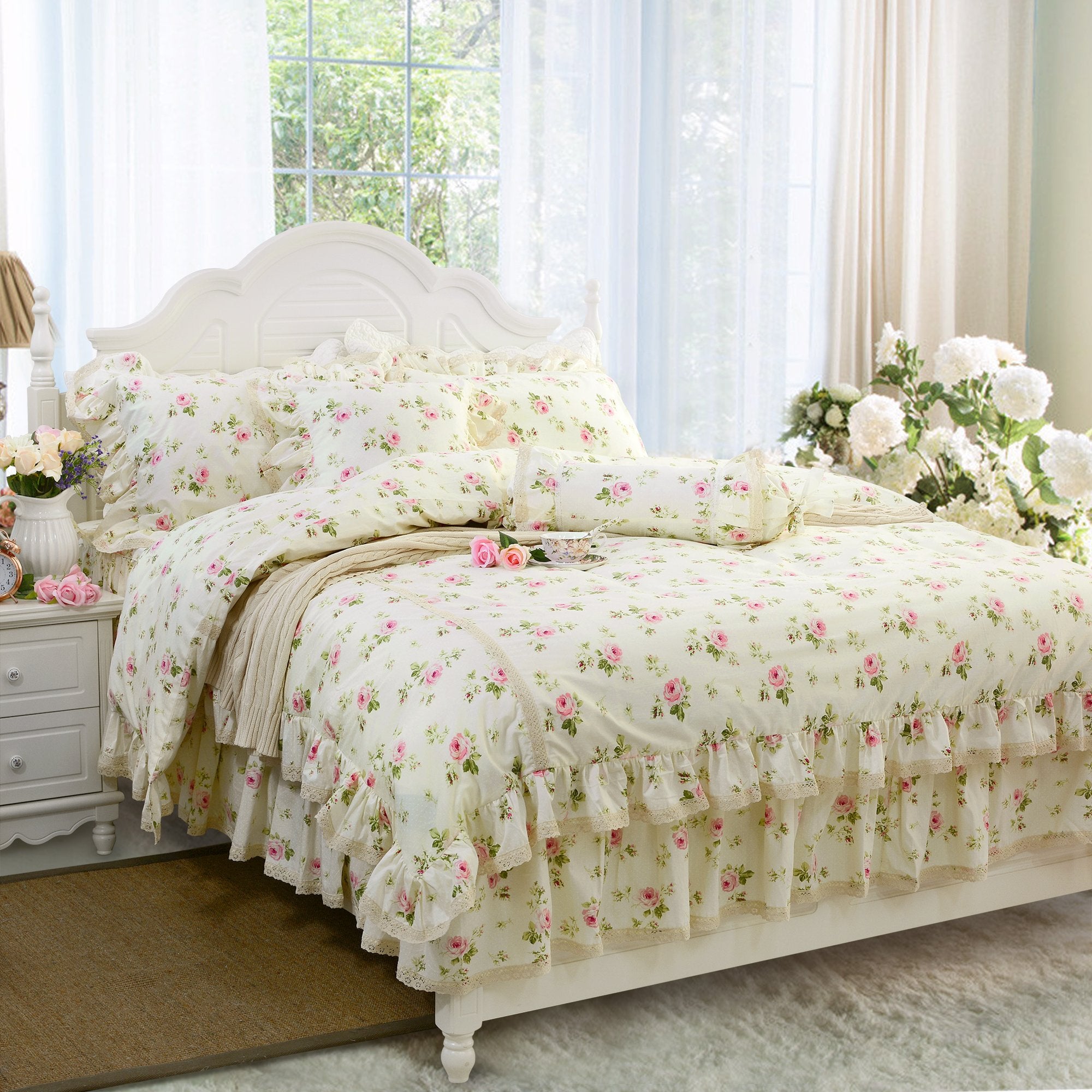 Fadfay Rosette Floral Print Duvet Cover Set Princess Lace Ruffle Bedding Set For Girls 3 Pieces King Size