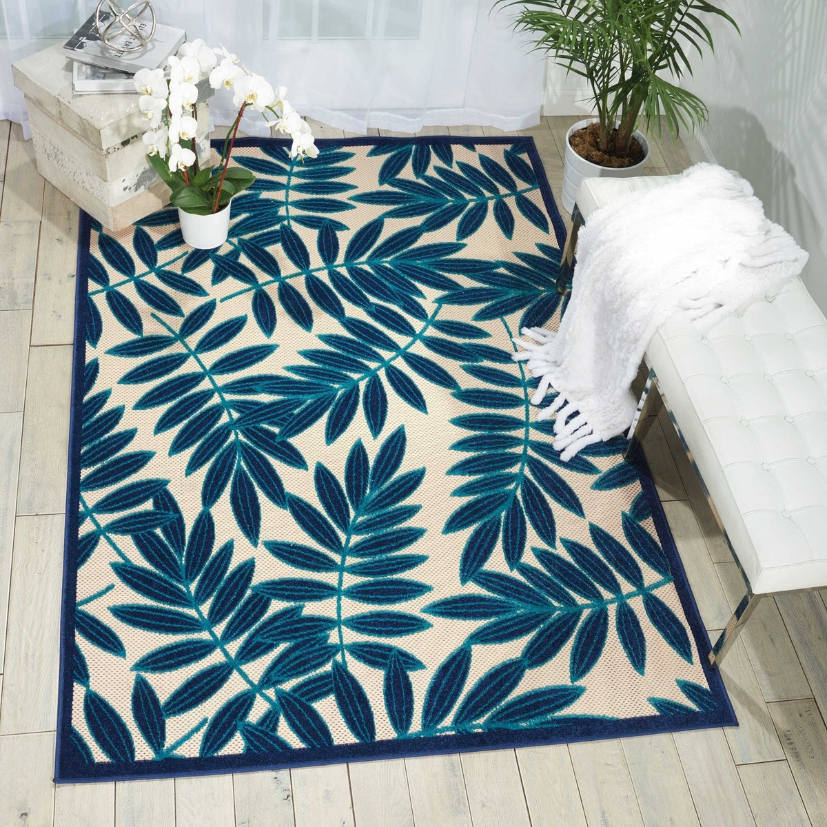 Nourison Aloha Indoor/Outdoor Navy 6' X 9' Area Rug, Tropical, Botanical, Easy Cleaning, Non Shedding, Bed Room, Kitchen, Living