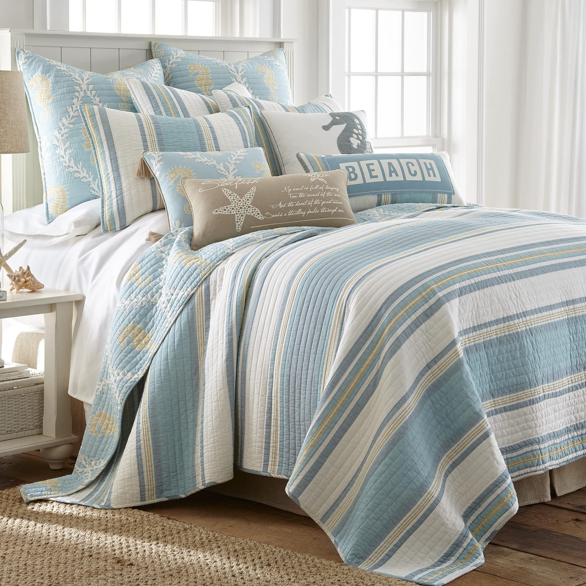Levtex Home - Kailua Quilt Set - King Quilt + Two King Pillow Shams - Stripe - Blue Teal Taupe Cream - Quilt (106X92In.) And Pil