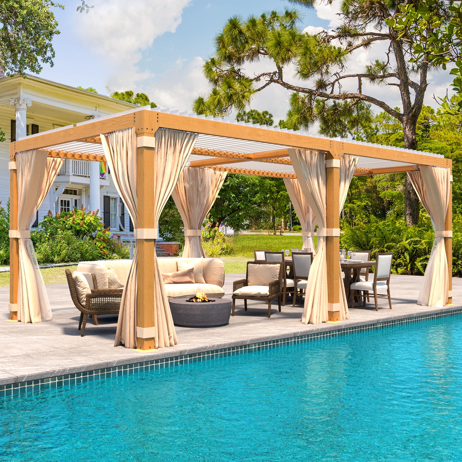Mellcom Louvered Pergola 10X20, Aluminum Pergola With Adjustable Louvered Roof, Wood Grain Outdoor Pergola With Waterproof Curta
