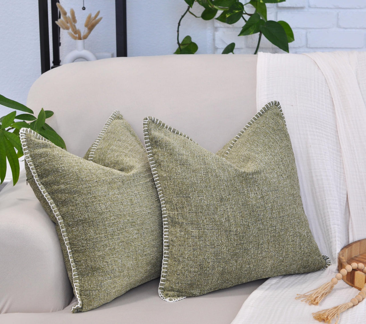 24X24 Pillow Covers Set Of 2 Olive Green Soft Textured Chenille, Soft Cozy Large Cushion Covers For Couch, Modern Square Big Pil