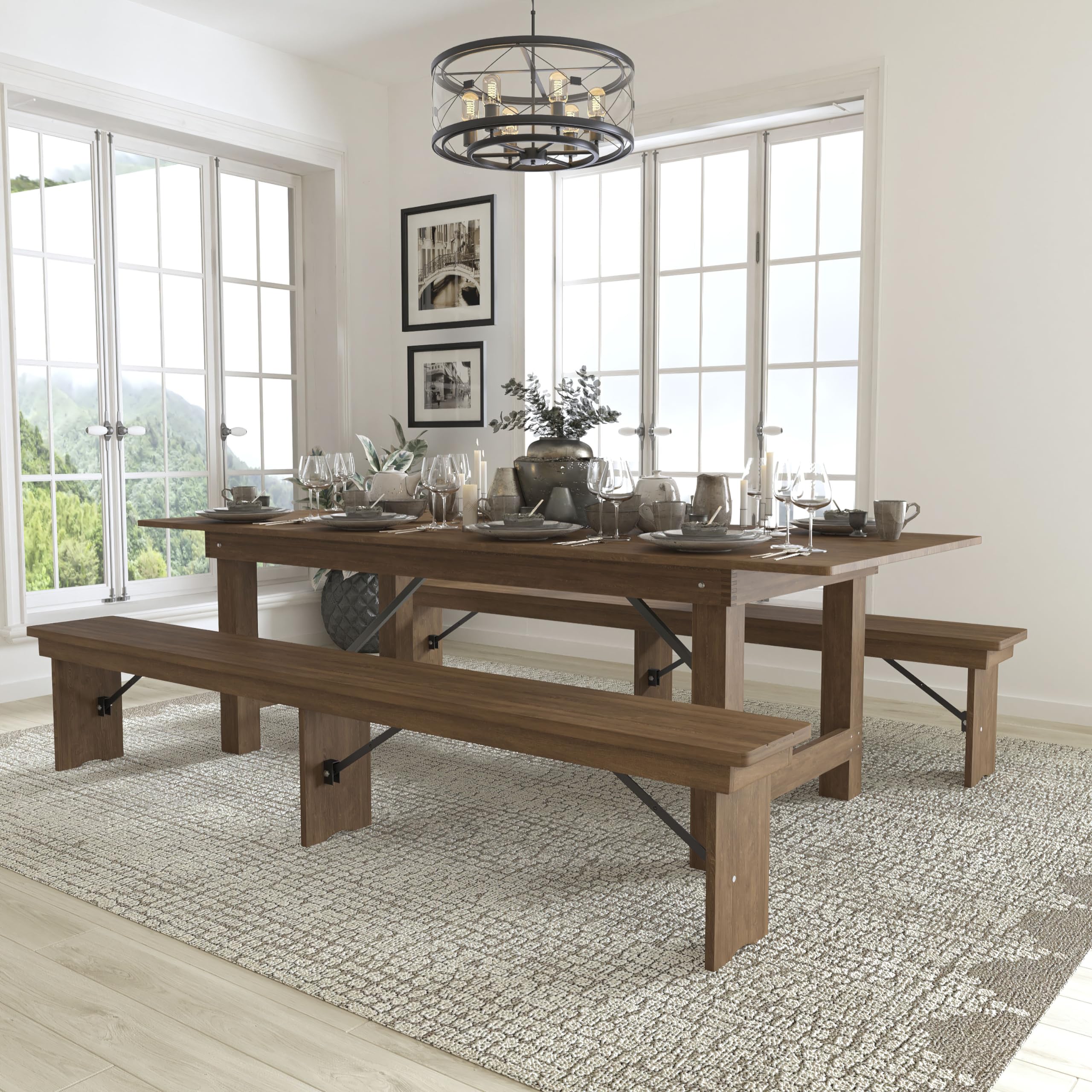 Flash Furniture Hercules Series 8' X 40'' Antique Rustic Folding Farm Table And Two Bench Set