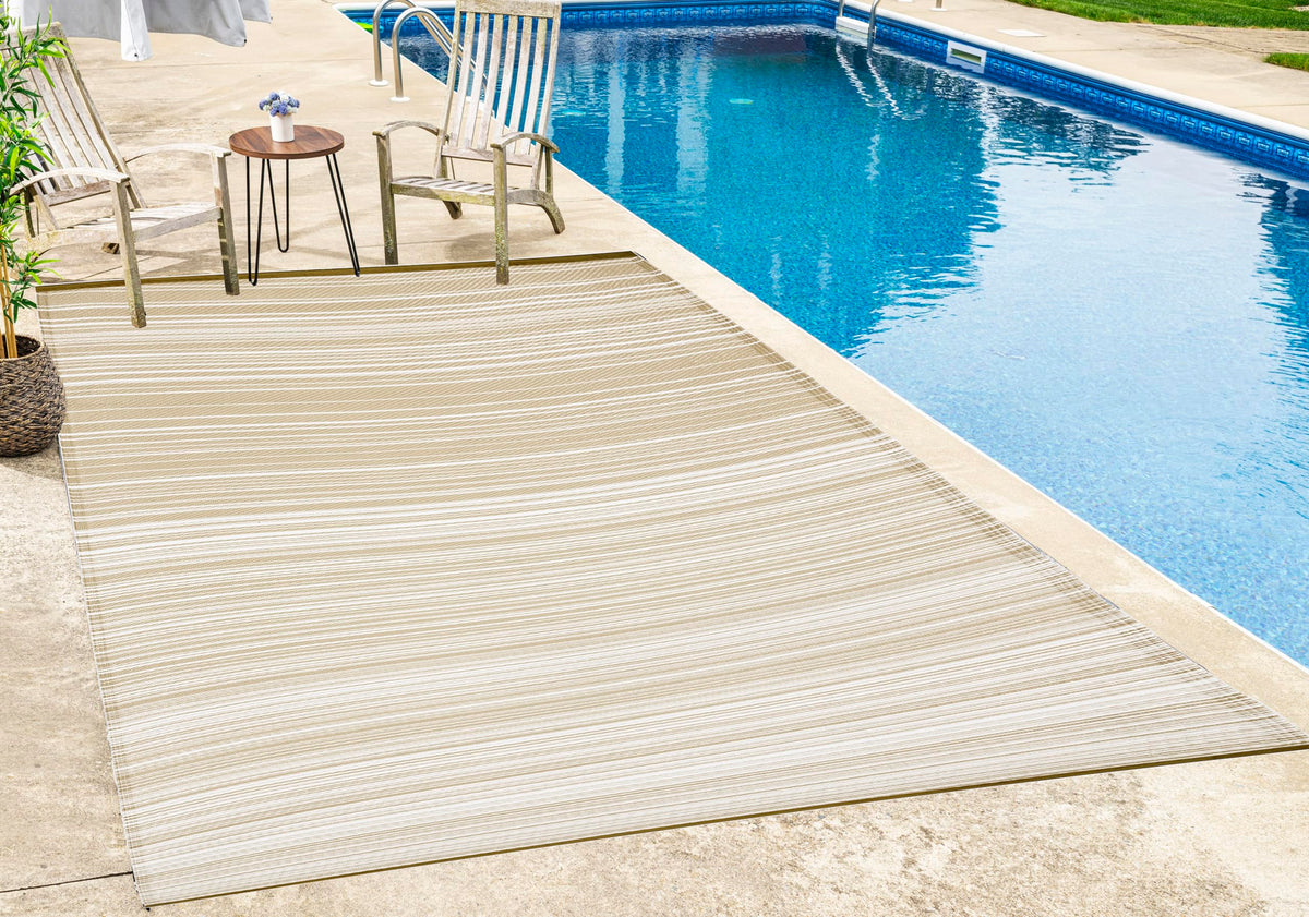 Fh Home Outdoor Camping Rug - Waterproof, Fade Resistant, Reversible - Premium Recycled Plastic - Striped - Large Patio, Deck, S
