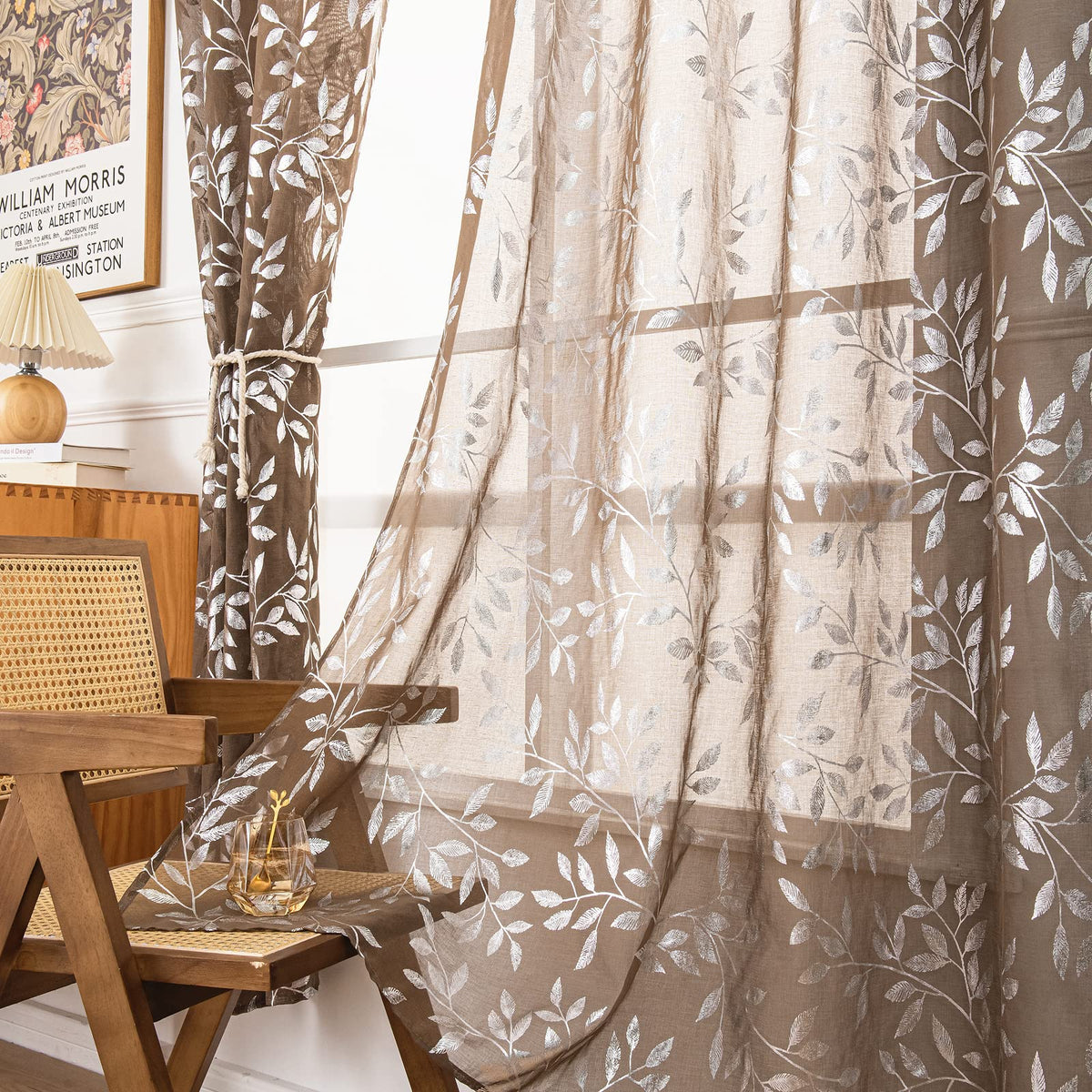 Deeprove Sheer Curtains 84 Inches Long 2 Panels, Sparkle Foil Metallic Vine Leaves Print Window Treatments For Bedroom Kitchen L