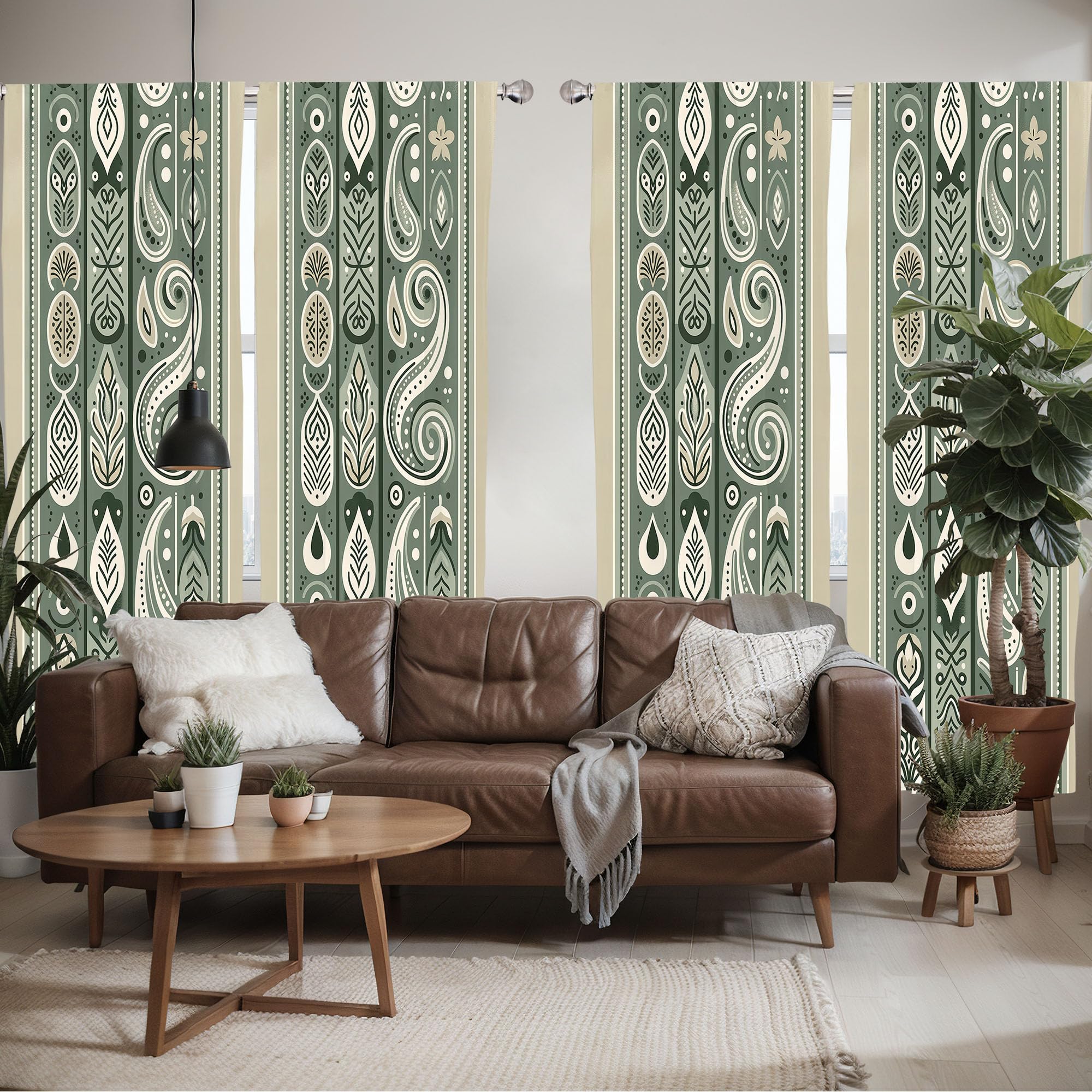 Ambesonne Boho Window Curtains Pack Of 2, Simplistic Ethnic Look Botanical Ornaments As Stripes Neutral Tones, Lightweight Set W