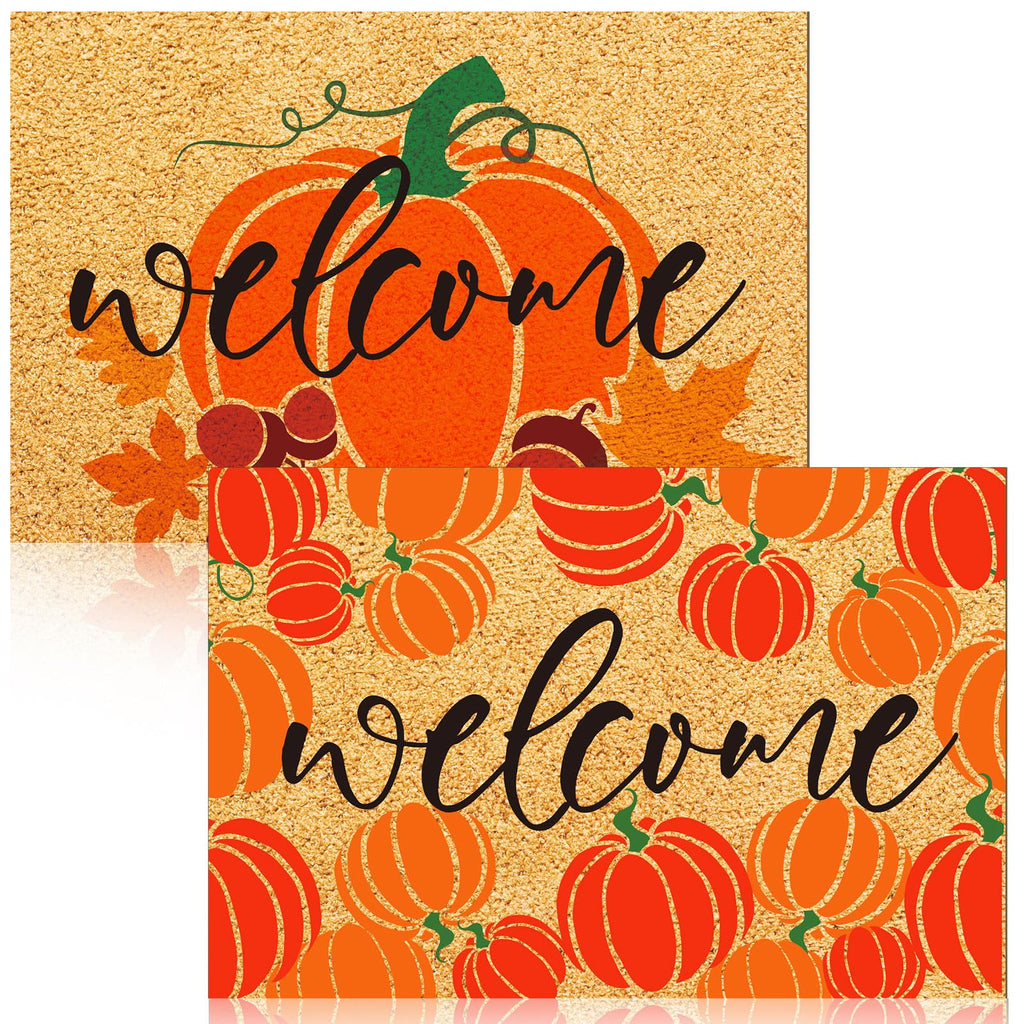 Moucuny 2 Pcs Pumpkin Door Mat Fall Welcome Front Door Mat Autumn Harvest Decorative Mat 15.75 X 23.62 Inches Non Slip Entrance