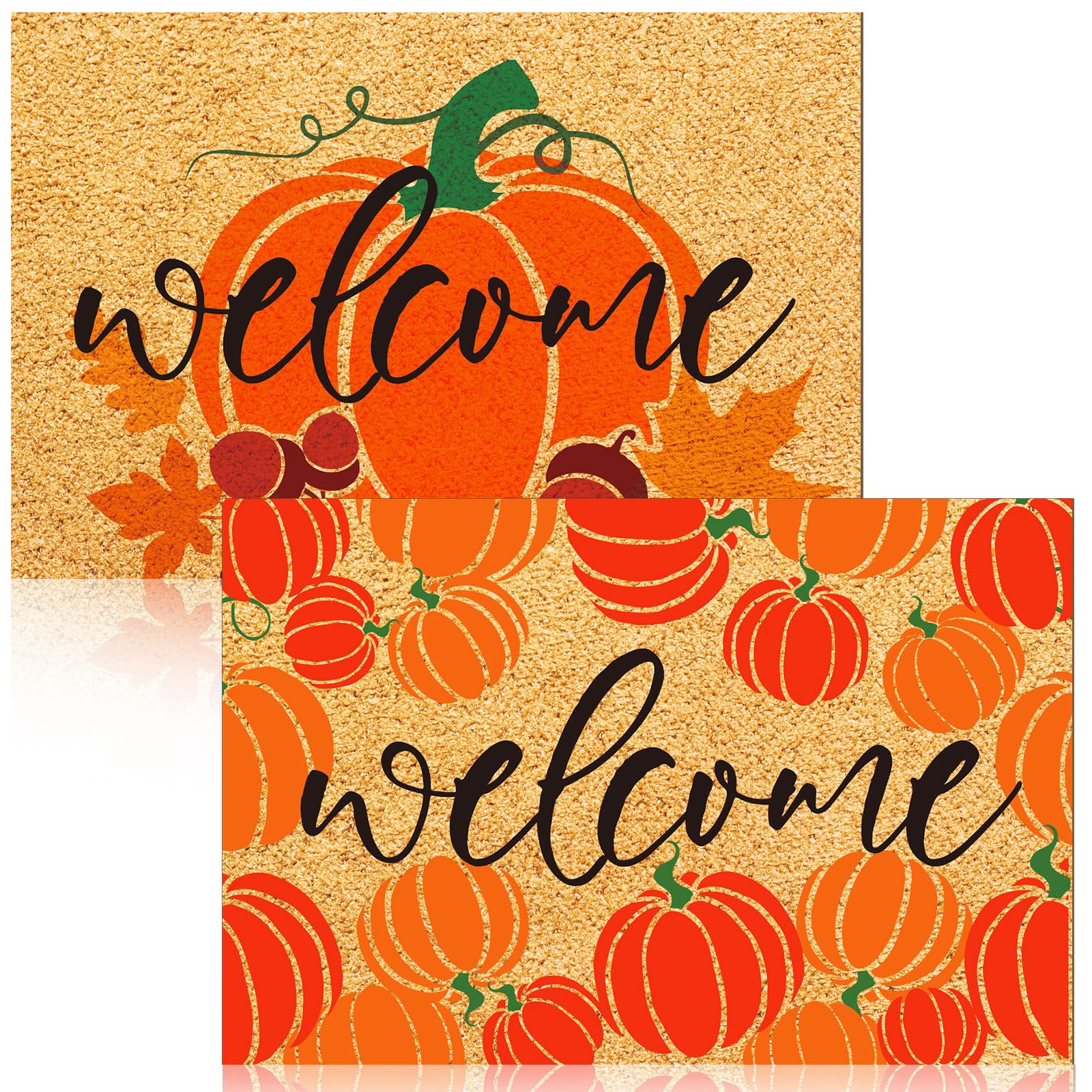 Moucuny 2 Pcs Pumpkin Door Mat Fall Welcome Front Door Mat Autumn Harvest Decorative Mat 15.75 X 23.62 Inches Non Slip Entrance