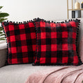 Pavilia Plaid Red Black Throw Pillow Covers Pom Pom 18X18 Set Of 2, Decorative Pillow Cases For Bedroom Aesthetic, Buffalo Check