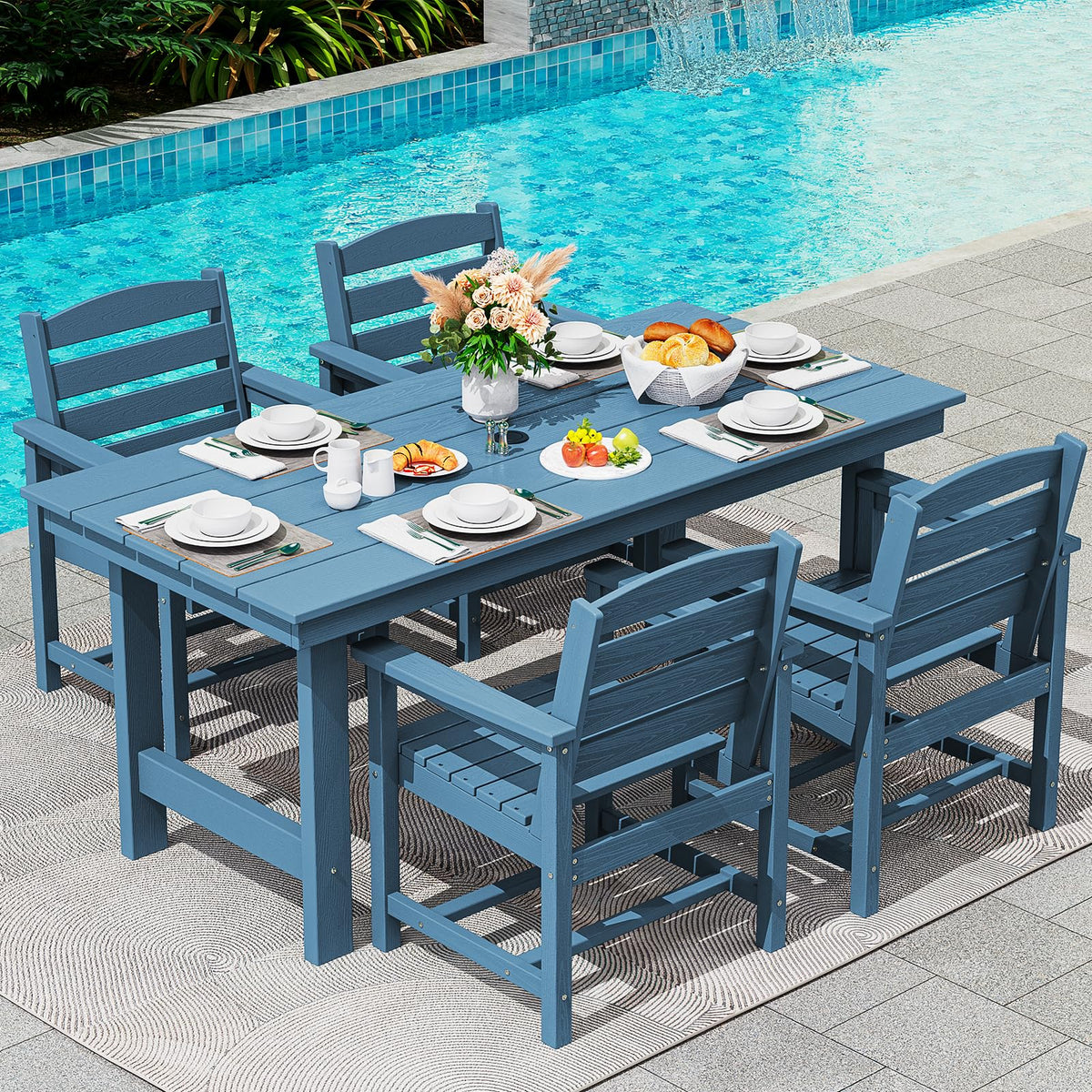 Serwall Patio Table Set, Outdoor Hdpe Dining Furniture With Umbrella Hole, All Weather For Lawn, Garden, Backyard, Poolside, Blue