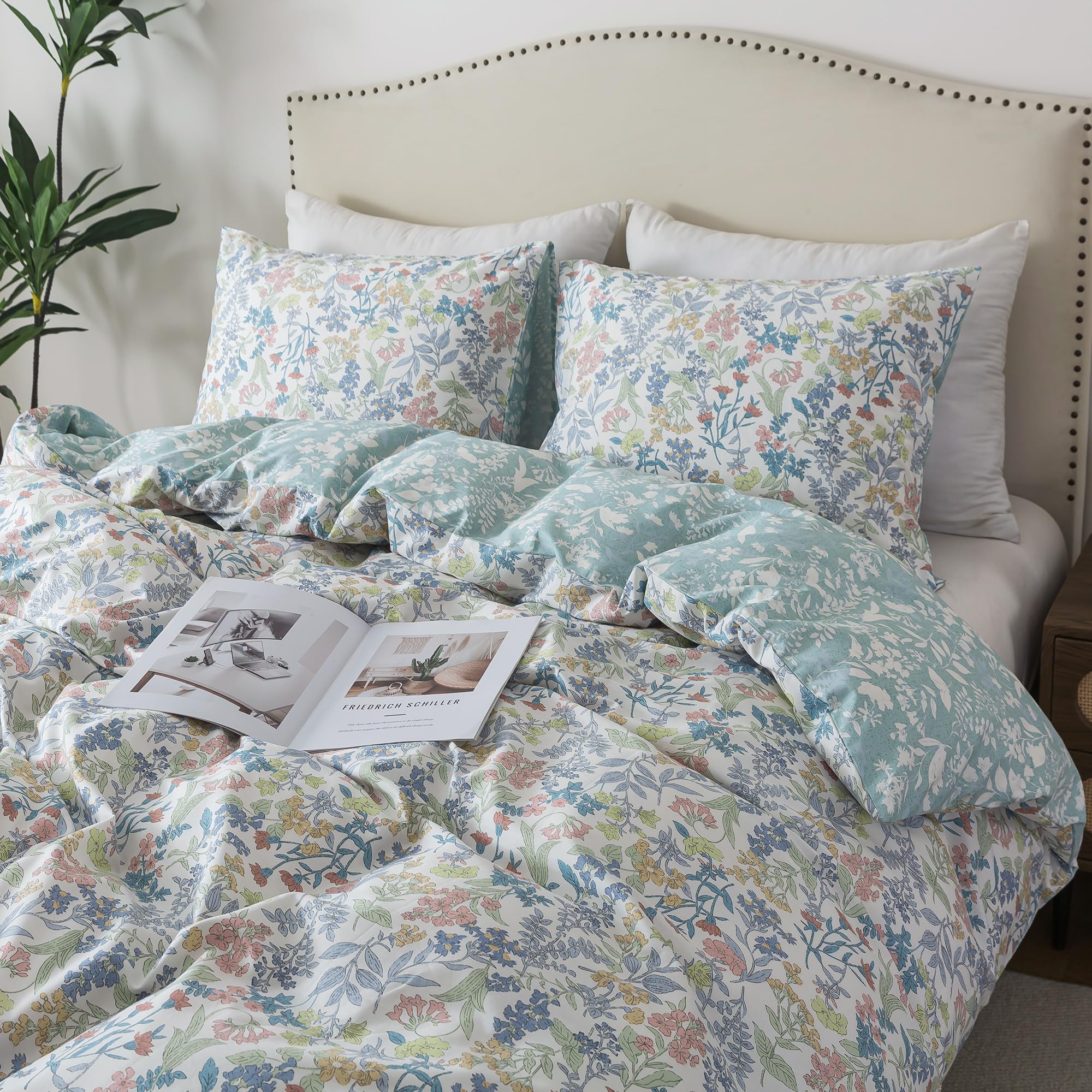 HoneiLife Cotton Queen Duvet Cover - Floral Comforter Cover 3-Piece, Botanical Bedlinen Sets with Zipper Closure & Corner Ties, 