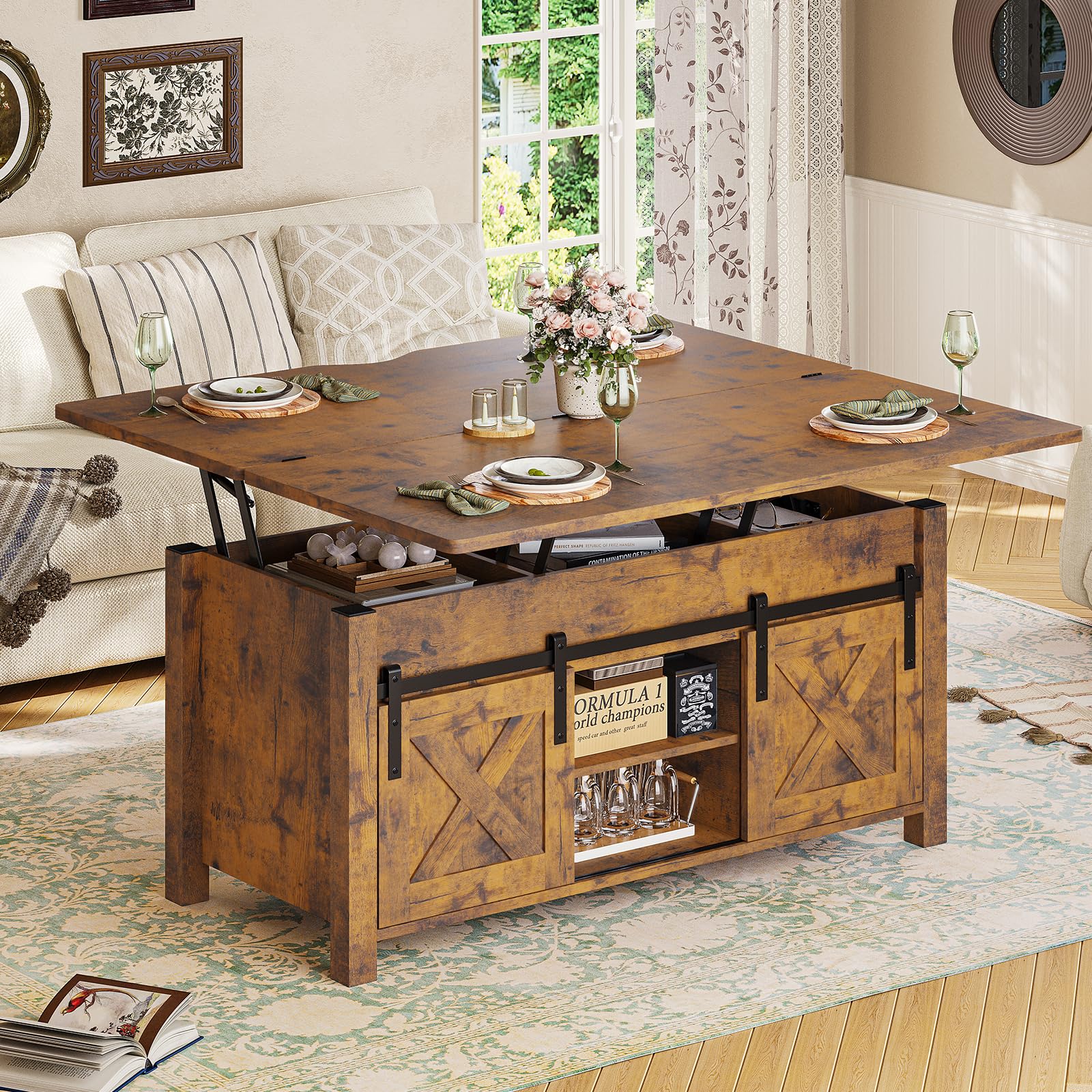 Sedeta Lift Top Coffee Table, 4 In 1 Convertible Coffee Tables With Storage And Hidden Compartment For Living Room, Farmhouse Coffee Table Converts To Dining Table, Dining Reception Room, Rustic Brown