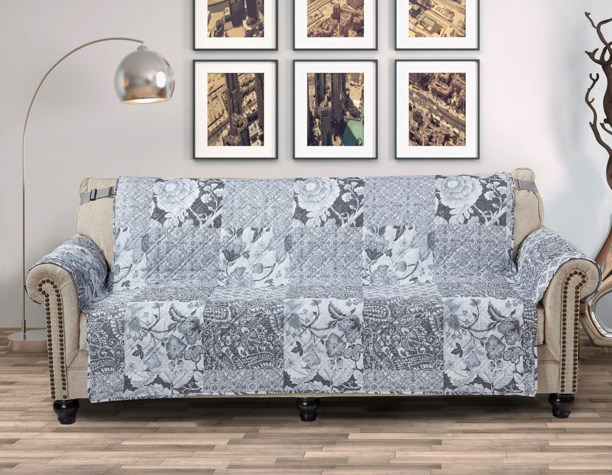 Brilliant Sunshine Grey Flowers Patchwork Couch Cover, Quilted X-Large Sofa Slipcover, 78' Seat Width, Slip Resistant Furniture Protector, 2' Strap, Washable Couch Cover For Pets, Kids, Dogs, Grey