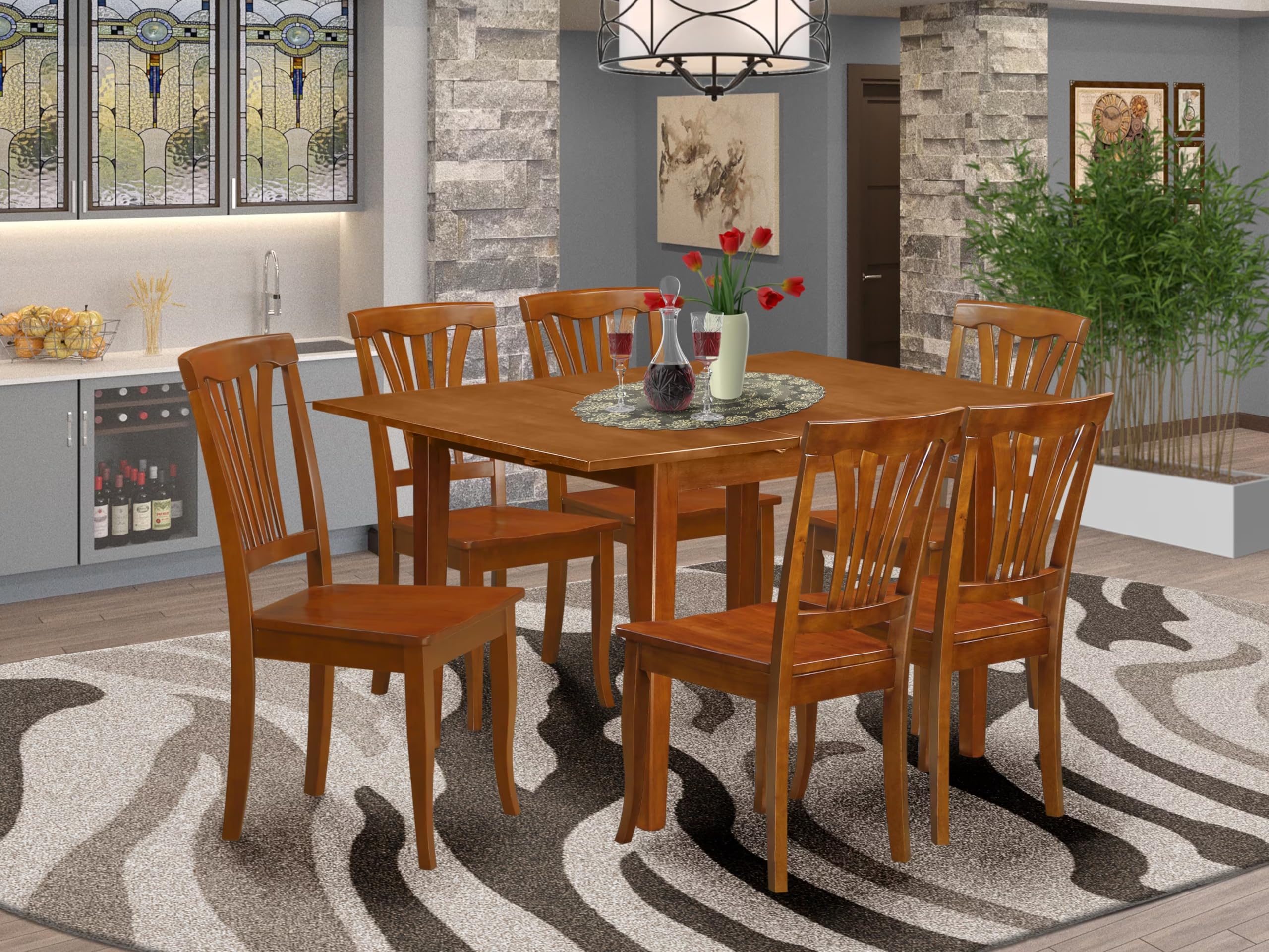 East West Furniture MLAV7-SBR-W Milan 7 Piece Set Consist of a Rectangle Dining Room Table with Butterfly Leaf and 6 Wood Seat Chairs, 36x54 Inch