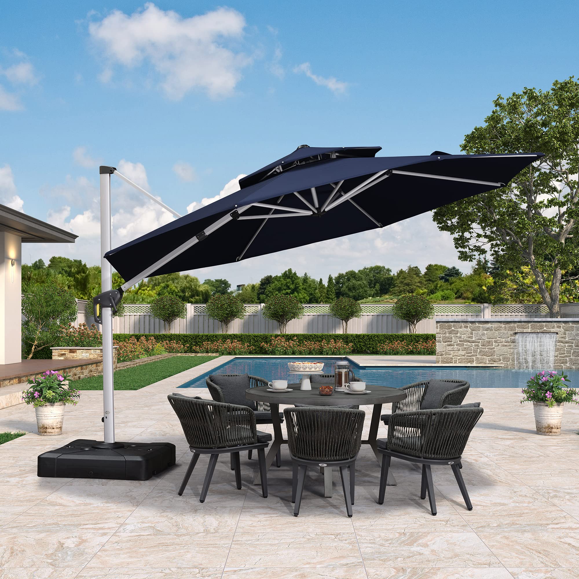 Purple Leaf 12 Feet Double Top Round Deluxe Patio Umbrella Offset Hanging Umbrella Outdoor Market Umbrella Garden Umbrella, Navy