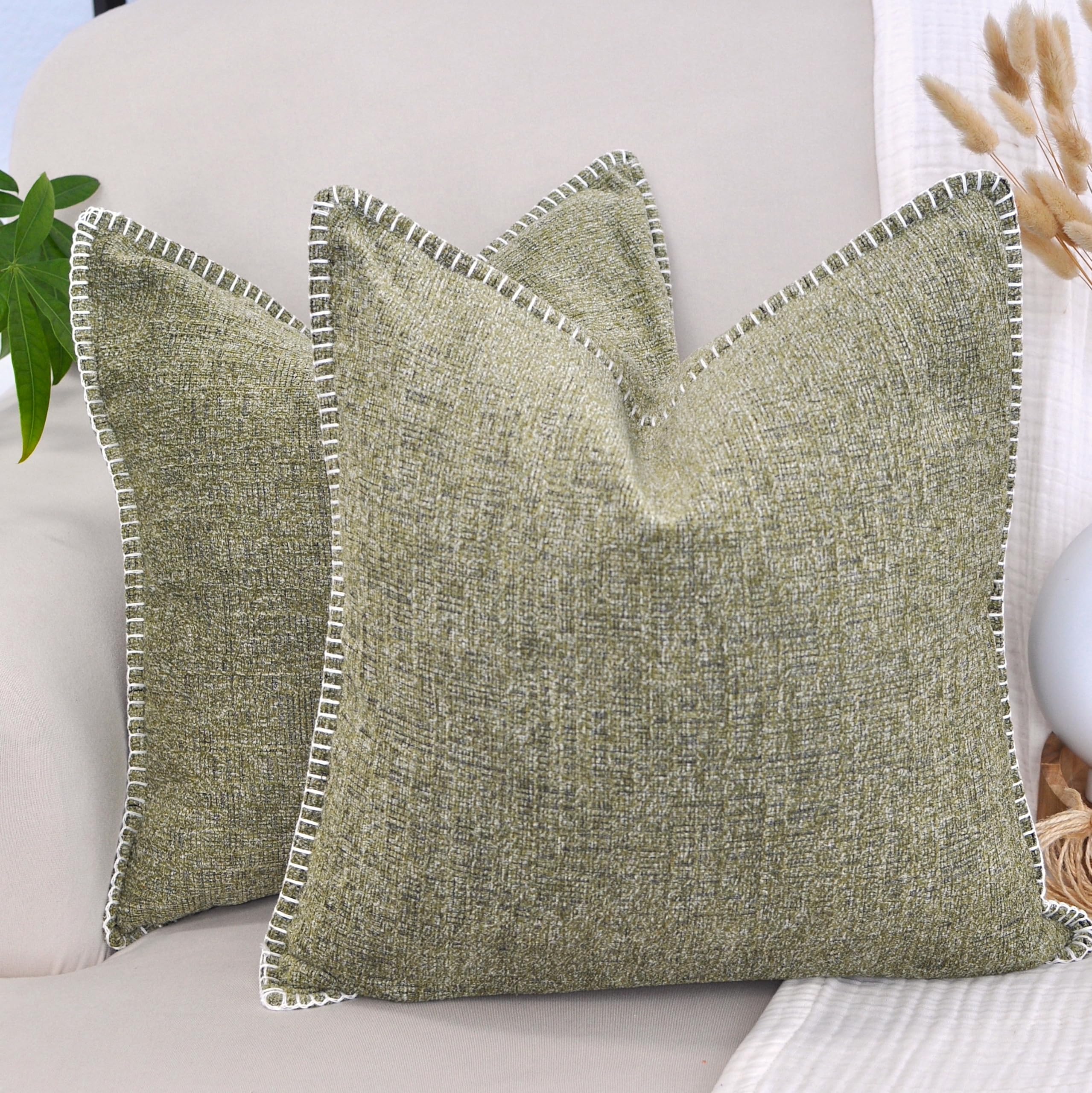 16X16 Pillow Covers Light Olive Green Set Of 2, Decor Pillow Covers Square, Textured Soft Chenille Cushion Covers With Trim Edge